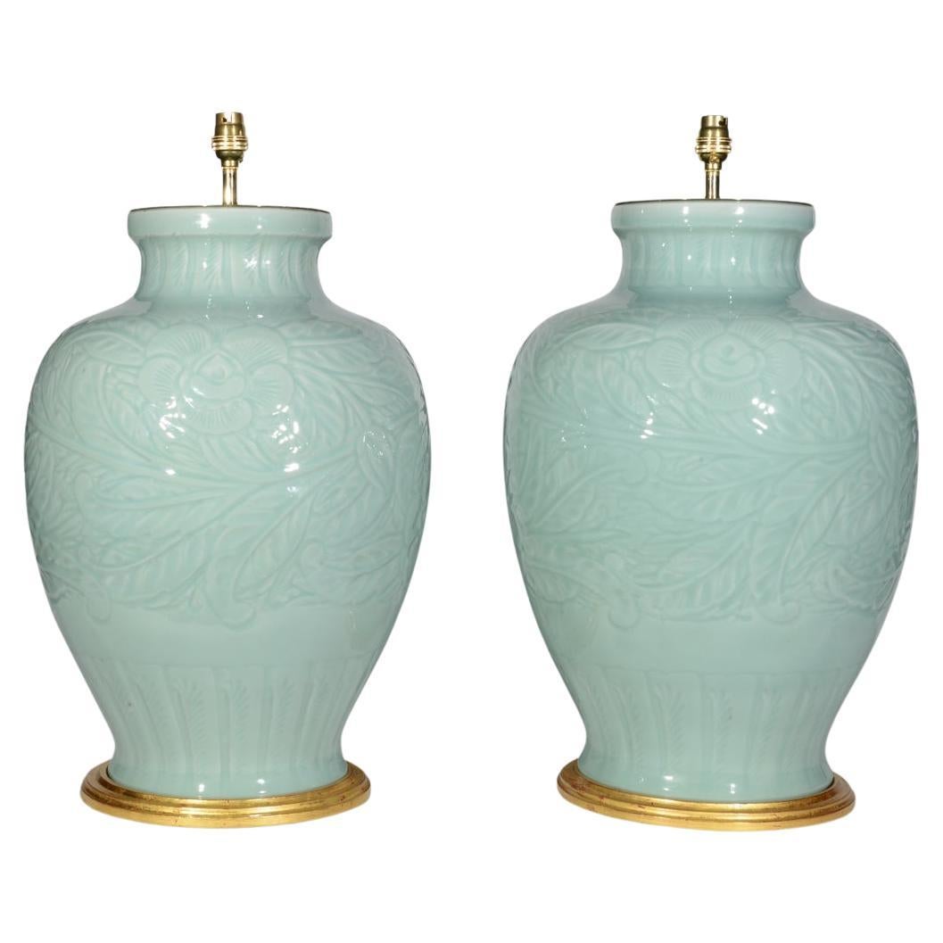 Superb Pair of Chinese Celadon Table Lamps For Sale