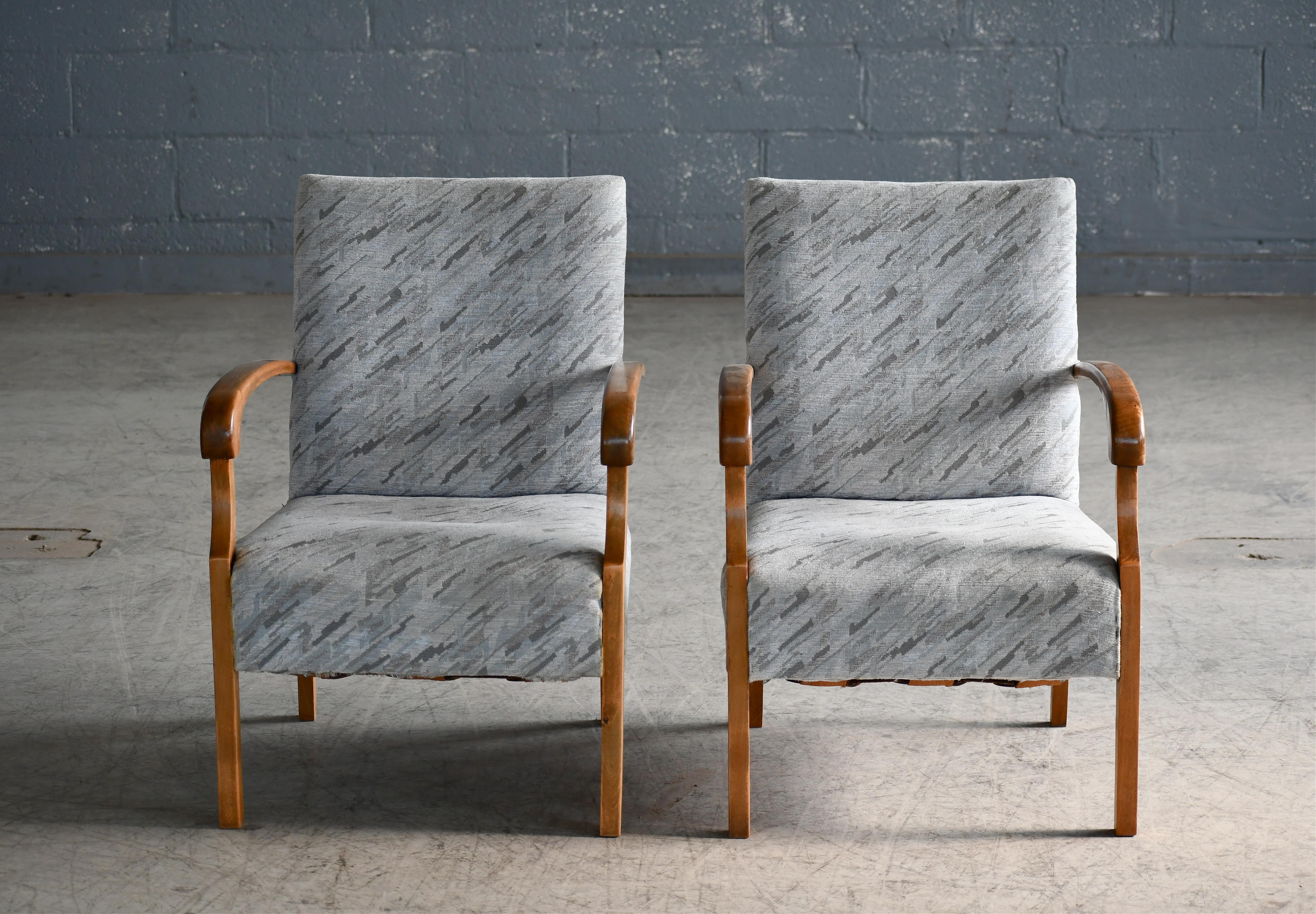 Mid-Century Modern Superb pair of Danish late Art Deco Lounge Chairs with Birch Armrests  1930s  For Sale