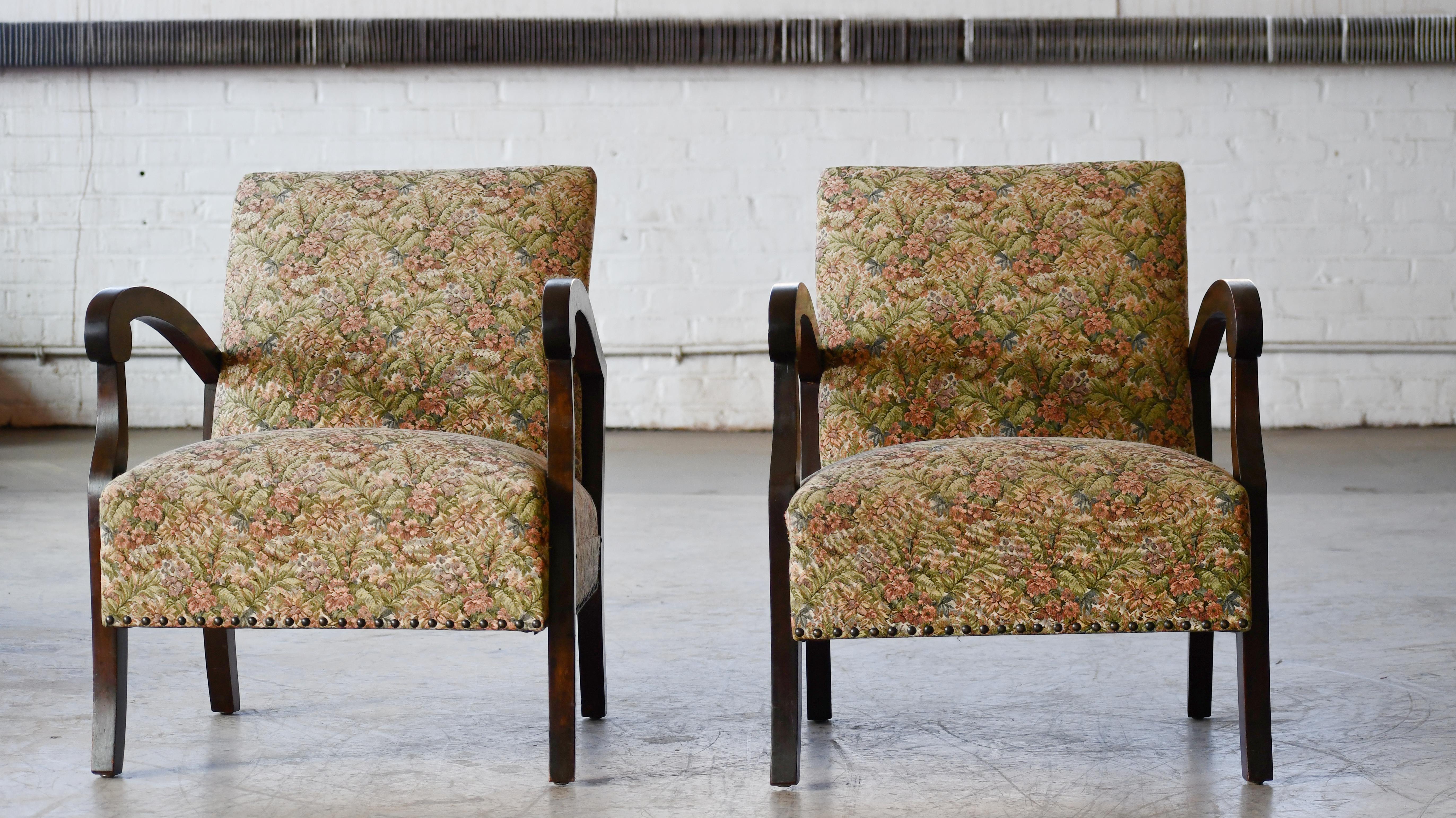 Mid-Century Modern Superb pair of Danish late Art Deco Lounge Chairs with Birch Armrests 1930s  For Sale