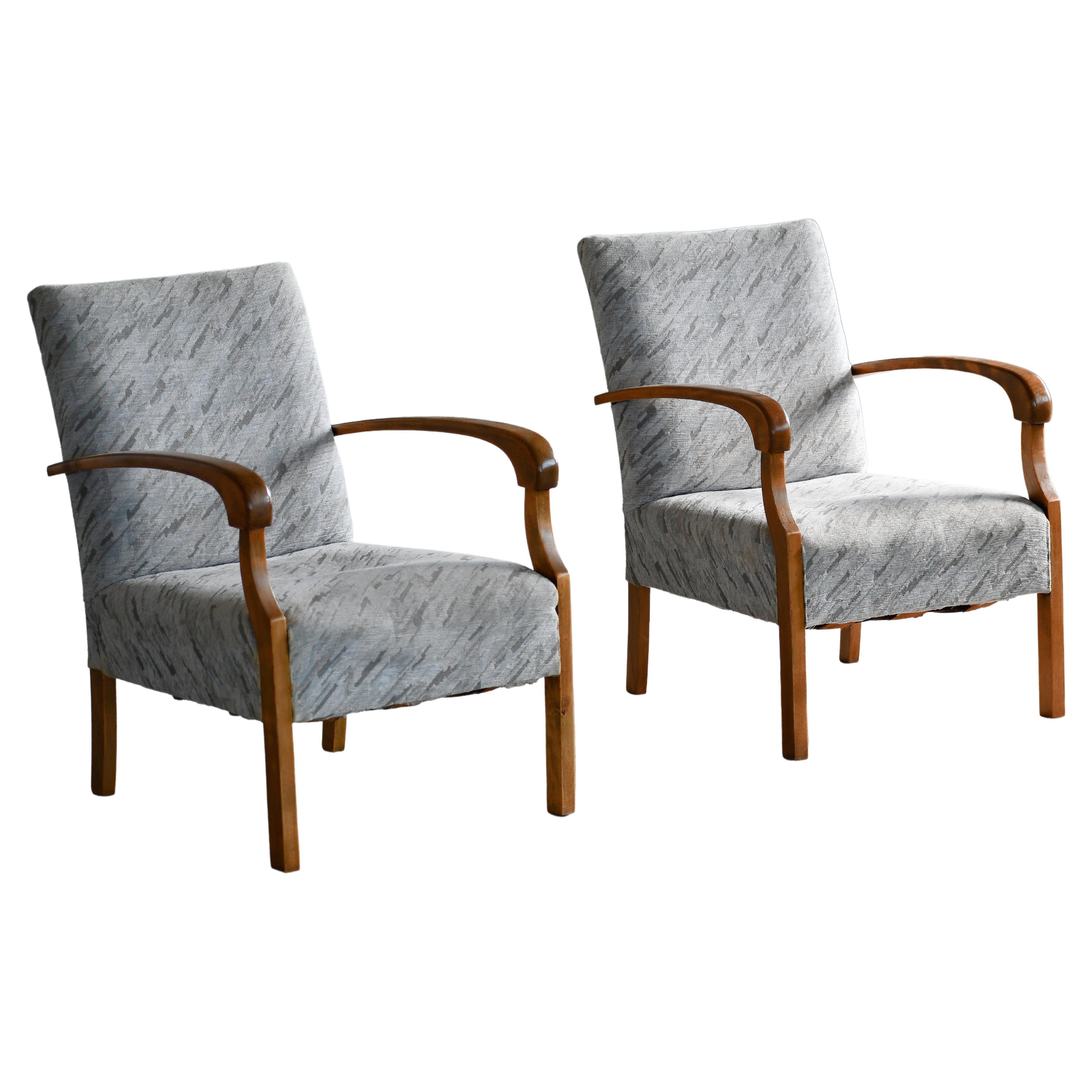 Superb pair of Danish late Art Deco Lounge Chairs with Birch Armrests  1930s 