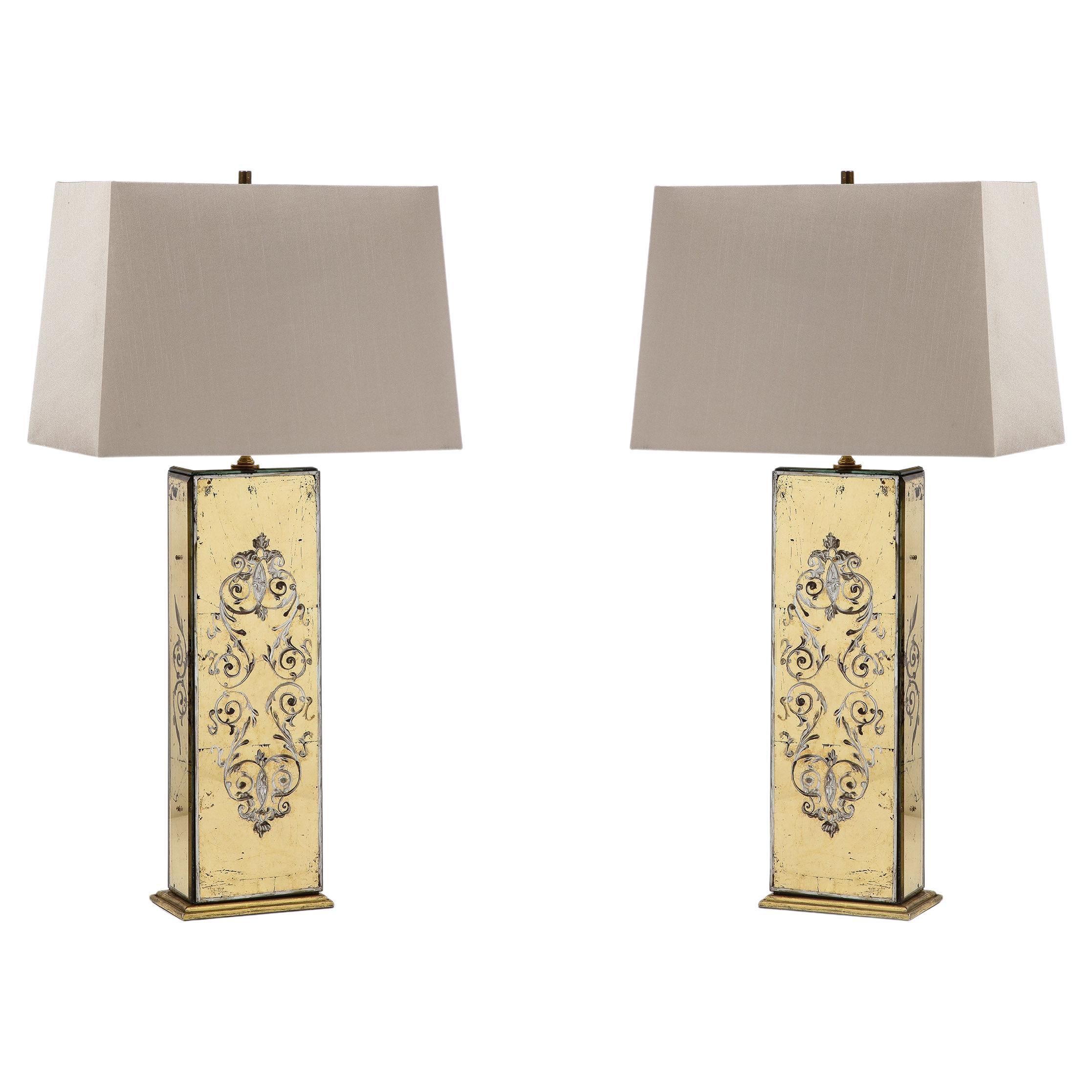 Superb Pair of Églomisé Lamps by Maison Jansen For Sale