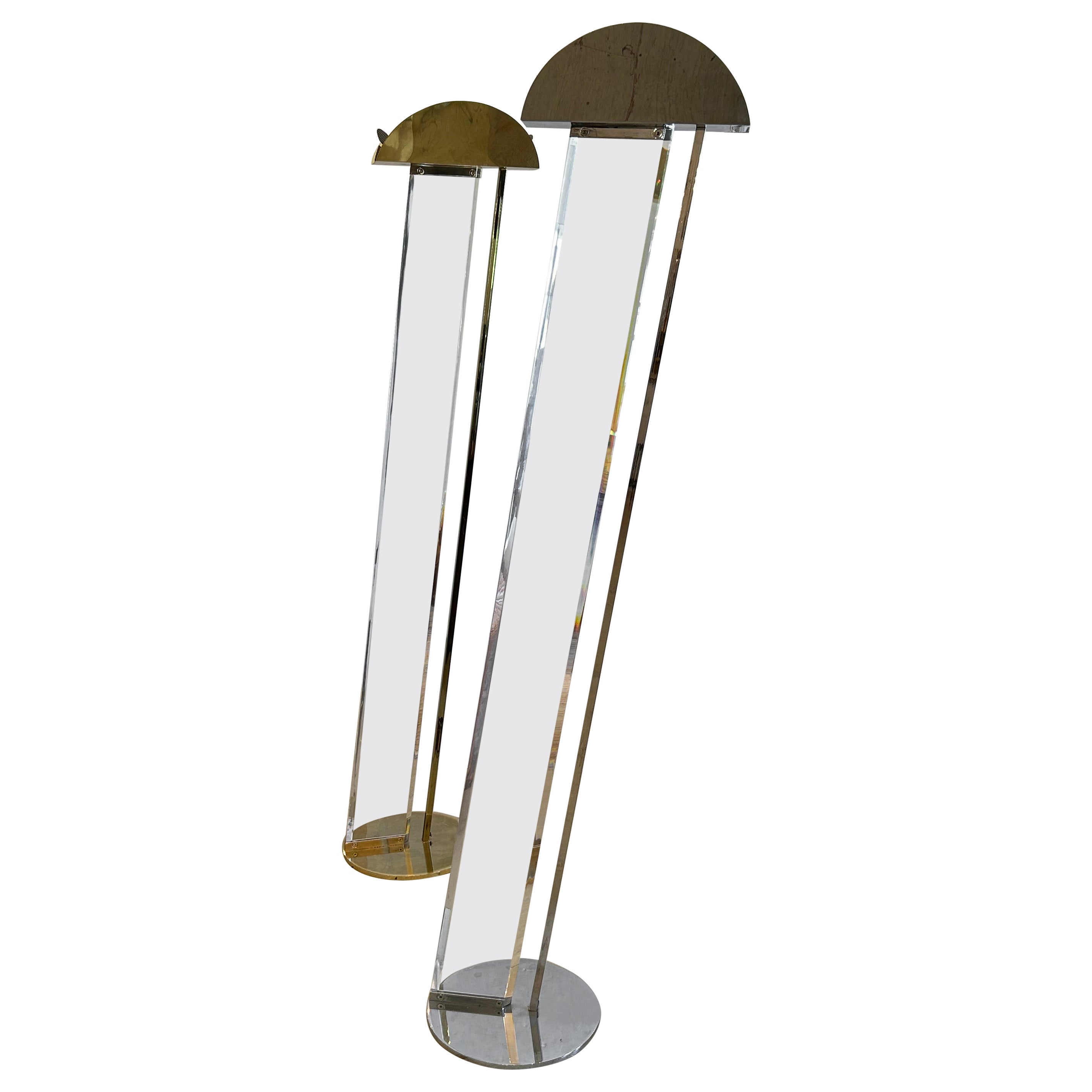 Superb Pair of F. Ramond Lucite Brass and Chrome Sculptural Tall Floor Lamps