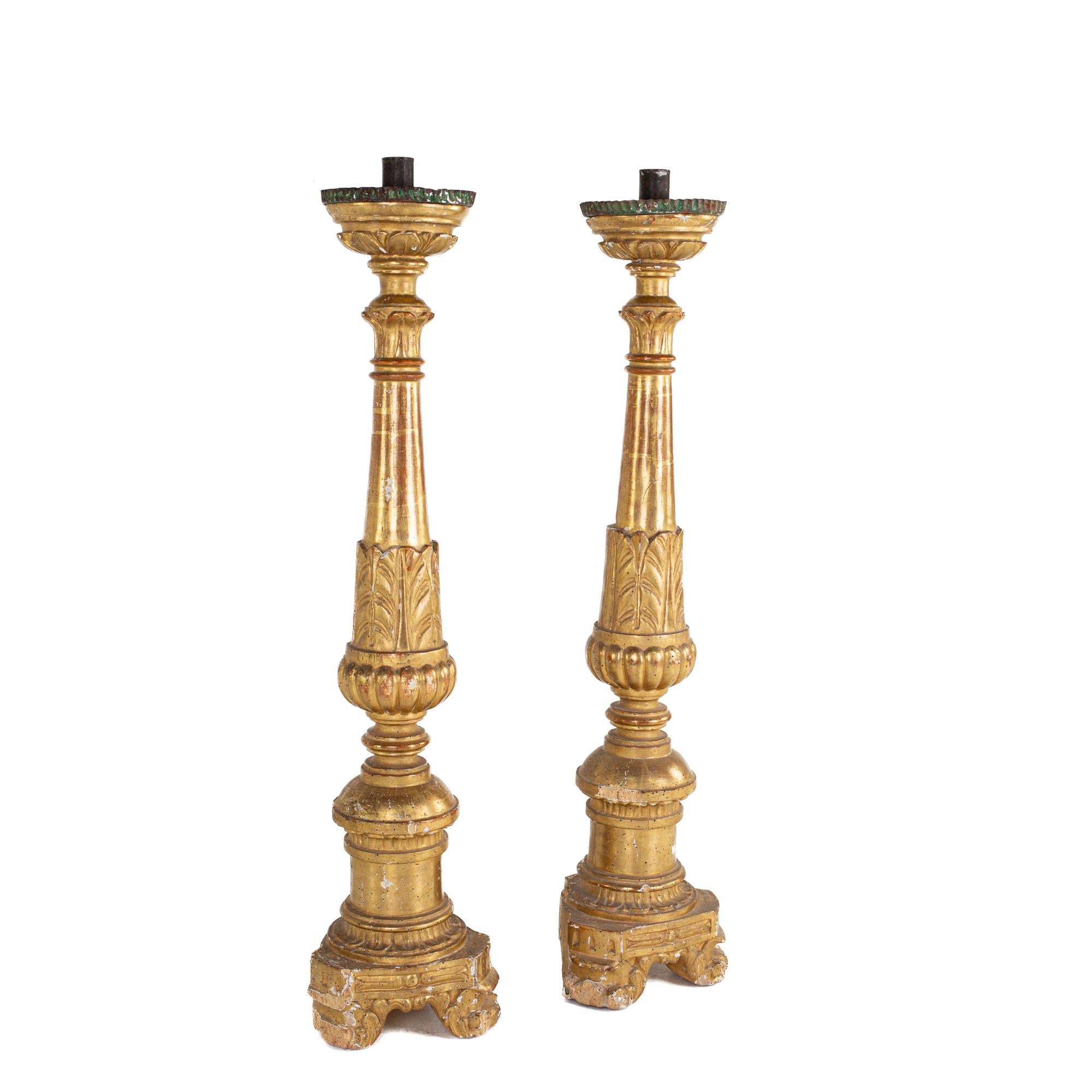 Superb Pair of Finely Carved French Candlesticks

Each candlestick measures: 8 wide x 8 deep x 36 inches high

This set is in Great Vintage Condition with minor marks, dents, and wear.

We take our photos in a controlled lighting studio to