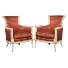 Superb Pair of French Directoire Painted Upholstered Bergere Chairs Circa 1940