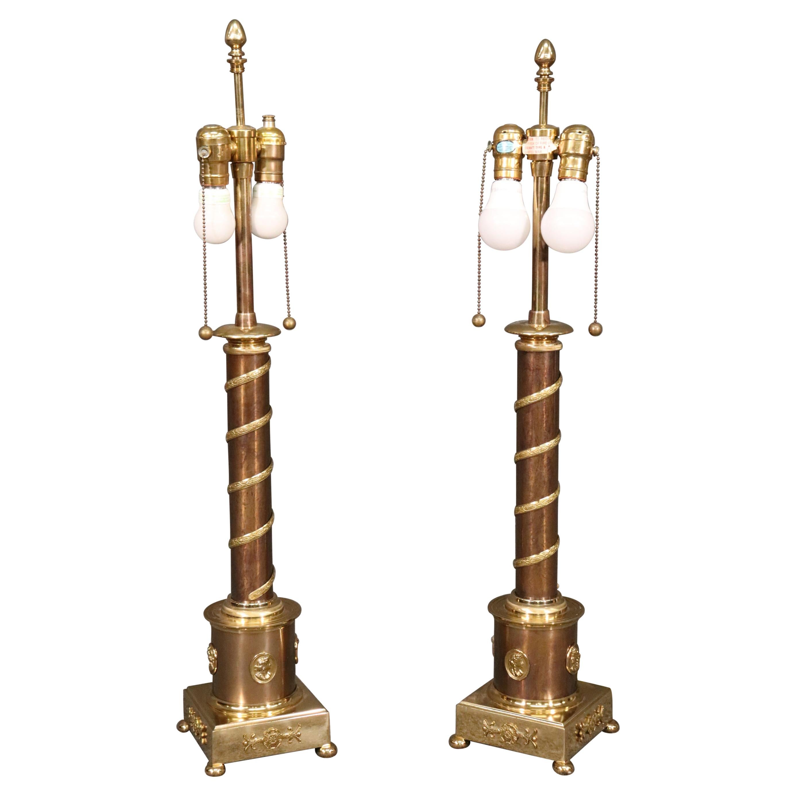 Superb Pair of French Solid Bronze and Brass French Empire Table Lamps