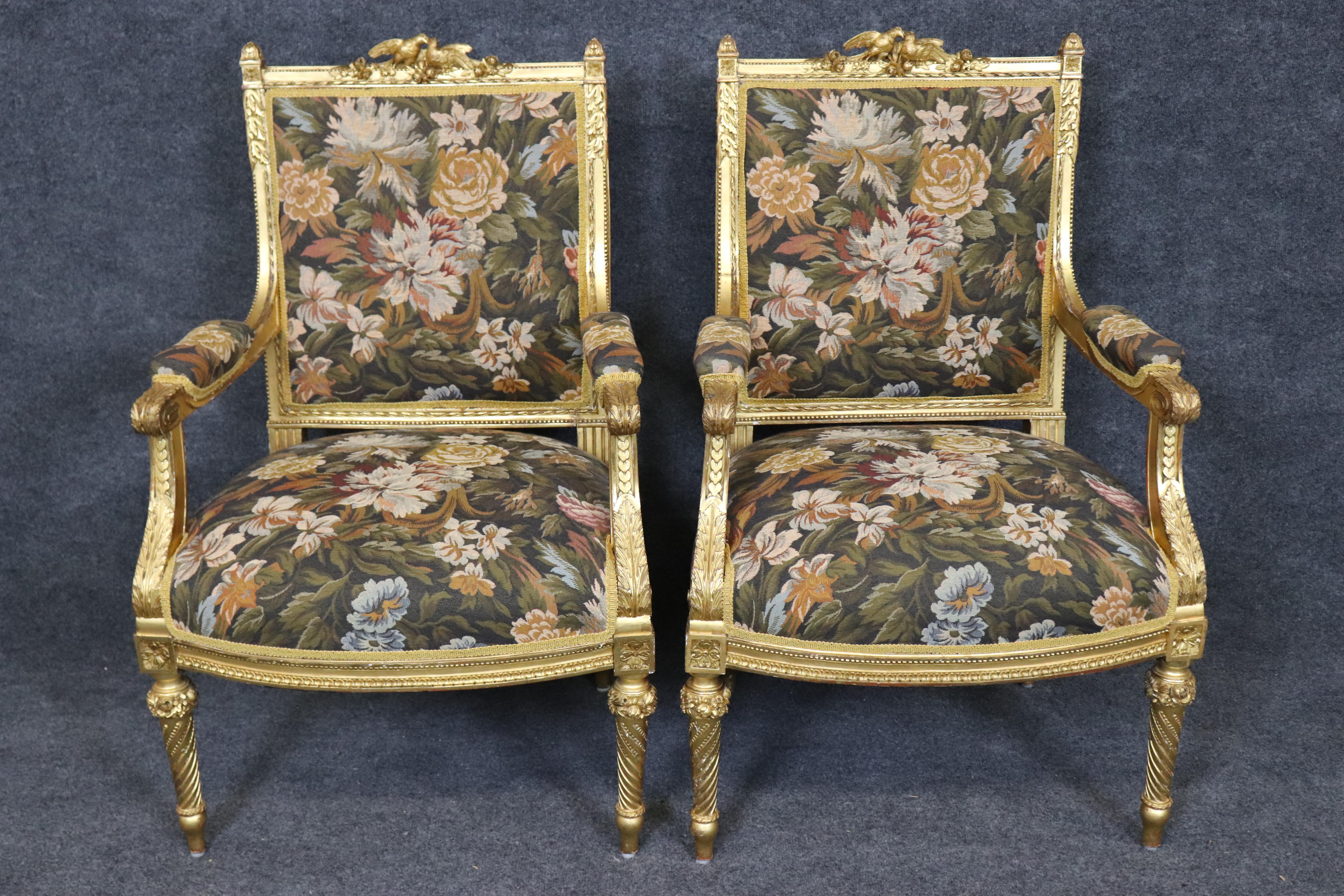 Superb Pair of Gold Leaf Gilded French Louis XVI Style Armchairs with Birds For Sale 6
