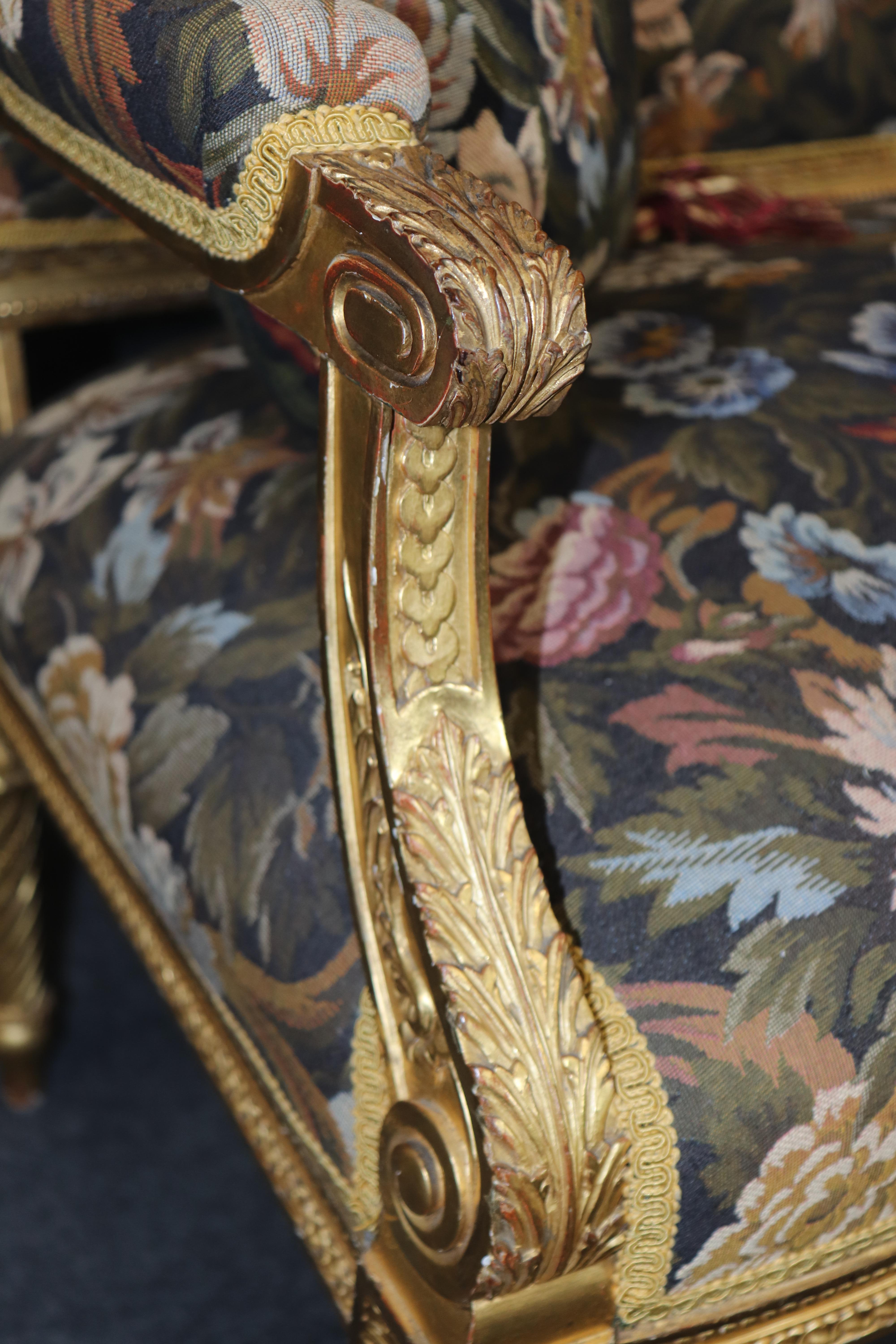 Superb Pair of Gold Leaf Gilded French Louis XVI Style Armchairs with Birds For Sale 1