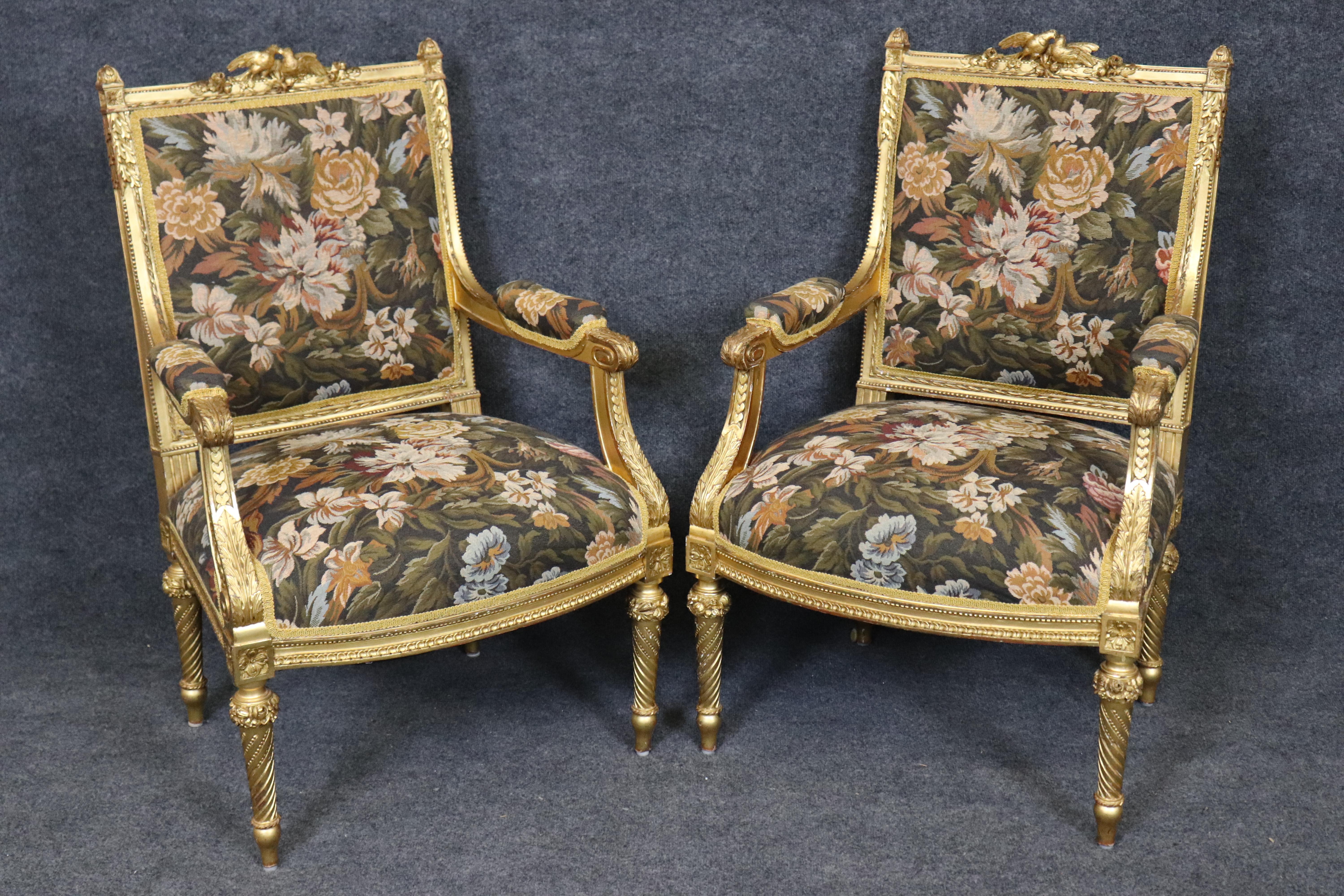 Superb Pair of Gold Leaf Gilded French Louis XVI Style Armchairs with Birds For Sale 4