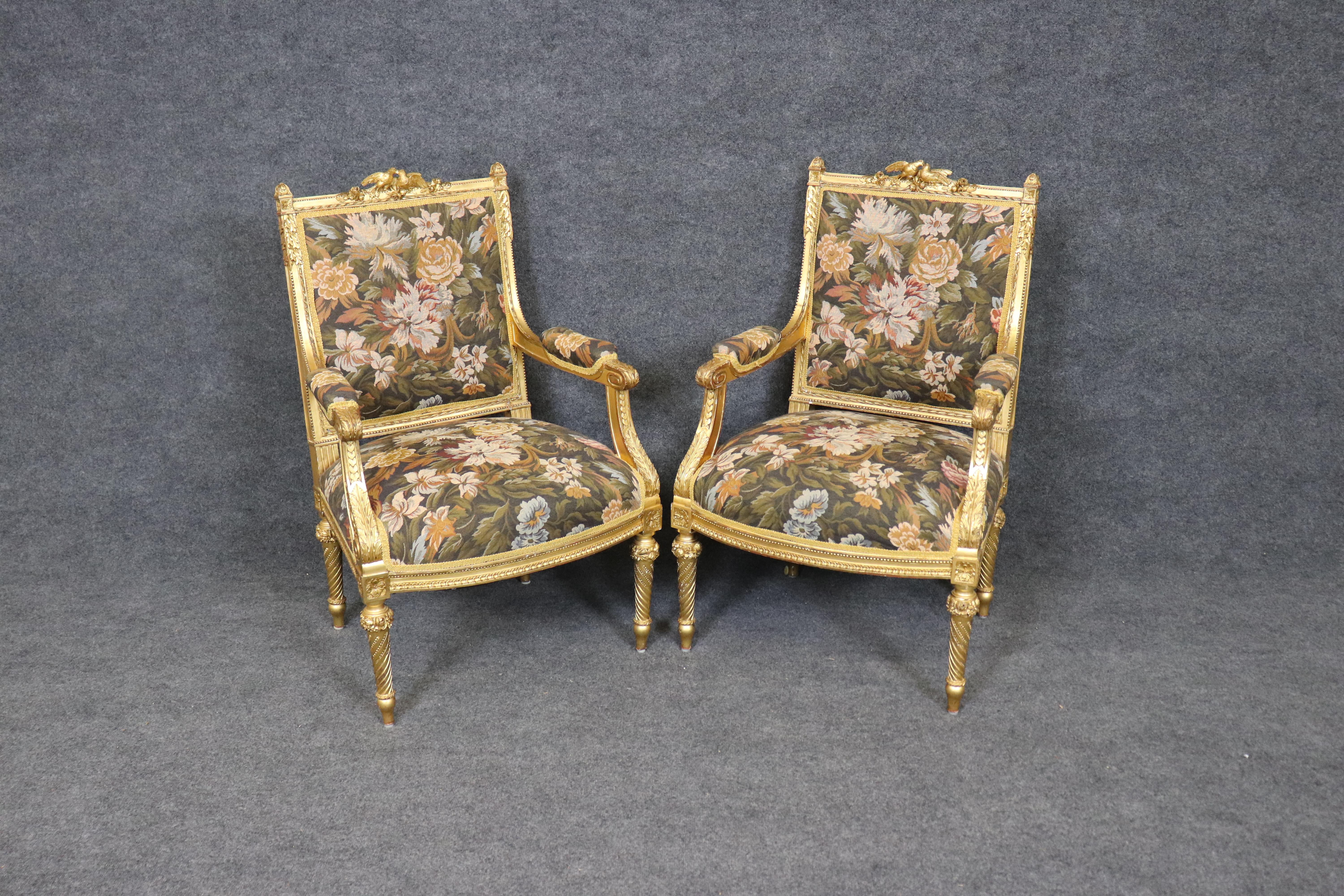 Superb Pair of Gold Leaf Gilded French Louis XVI Style Armchairs with Birds For Sale 5
