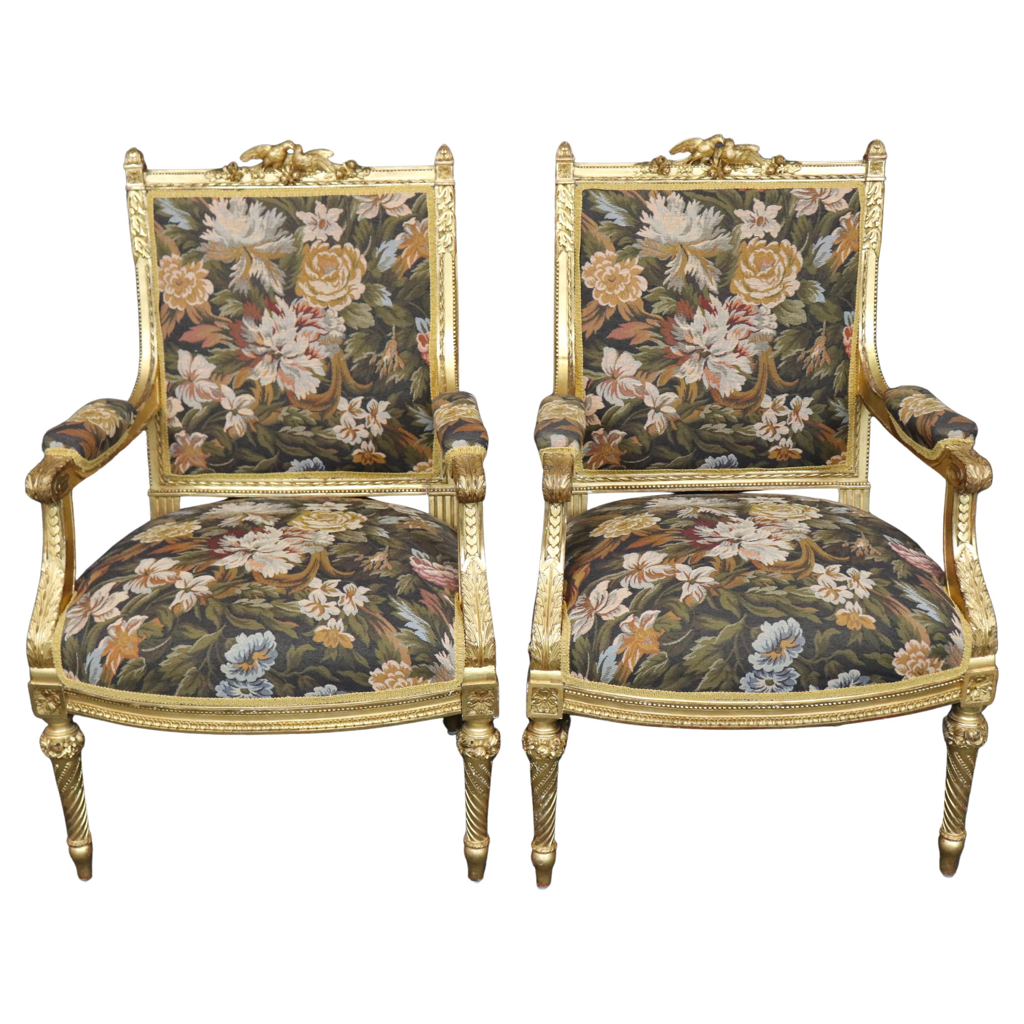 Superb Pair of Gold Leaf Gilded French Louis XVI Style Armchairs with Birds For Sale