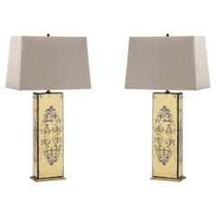 Superb Pair of Hand Painted "Eglomisé" Glass Lamps, by Maison Jansen