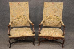 Superb Pair of Hand-woven Tapestry French Tall Back Louis XV Throne Armchairs