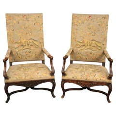 Superb Pair of Hand-woven Tapestry French Tall Back Louis XV Throne Armchairs