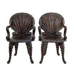 Superb Pair of Italian 1950s Carved Walnut Shell Back Armchairs