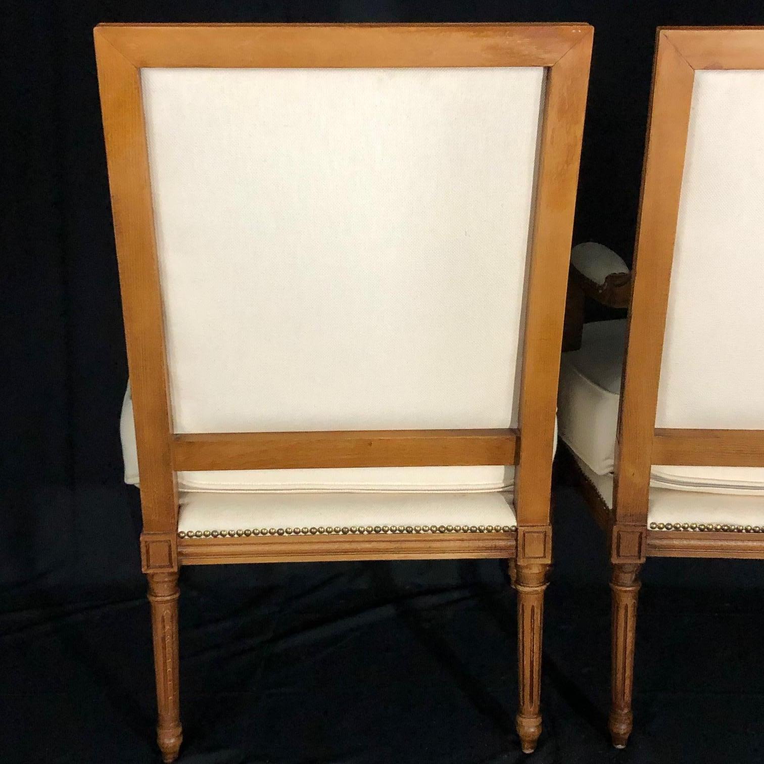 Louis XVI Superb Pair of Italian Carved Walnut Armchairs Bergeres with New Upholstery