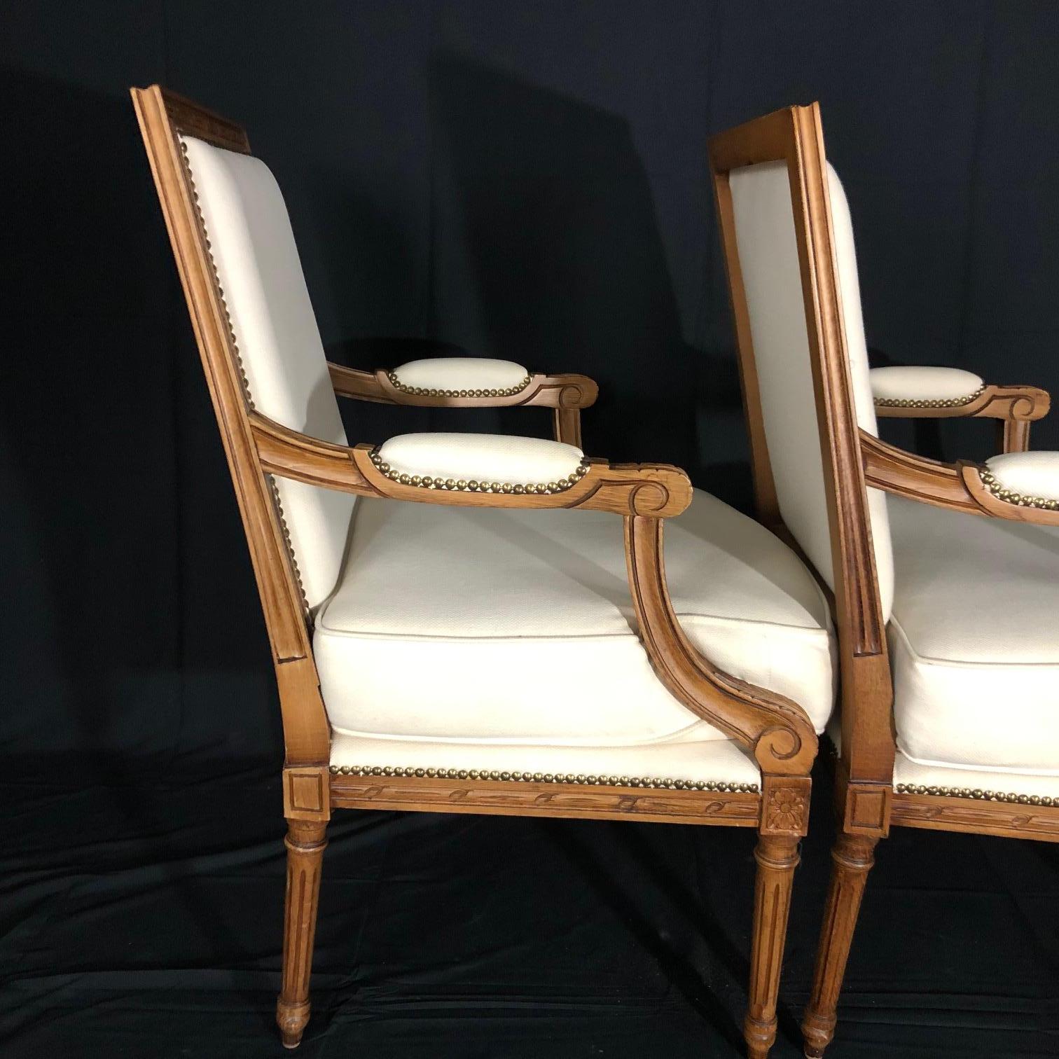 Superb Pair of Italian Carved Walnut Armchairs Bergeres with New Upholstery 2