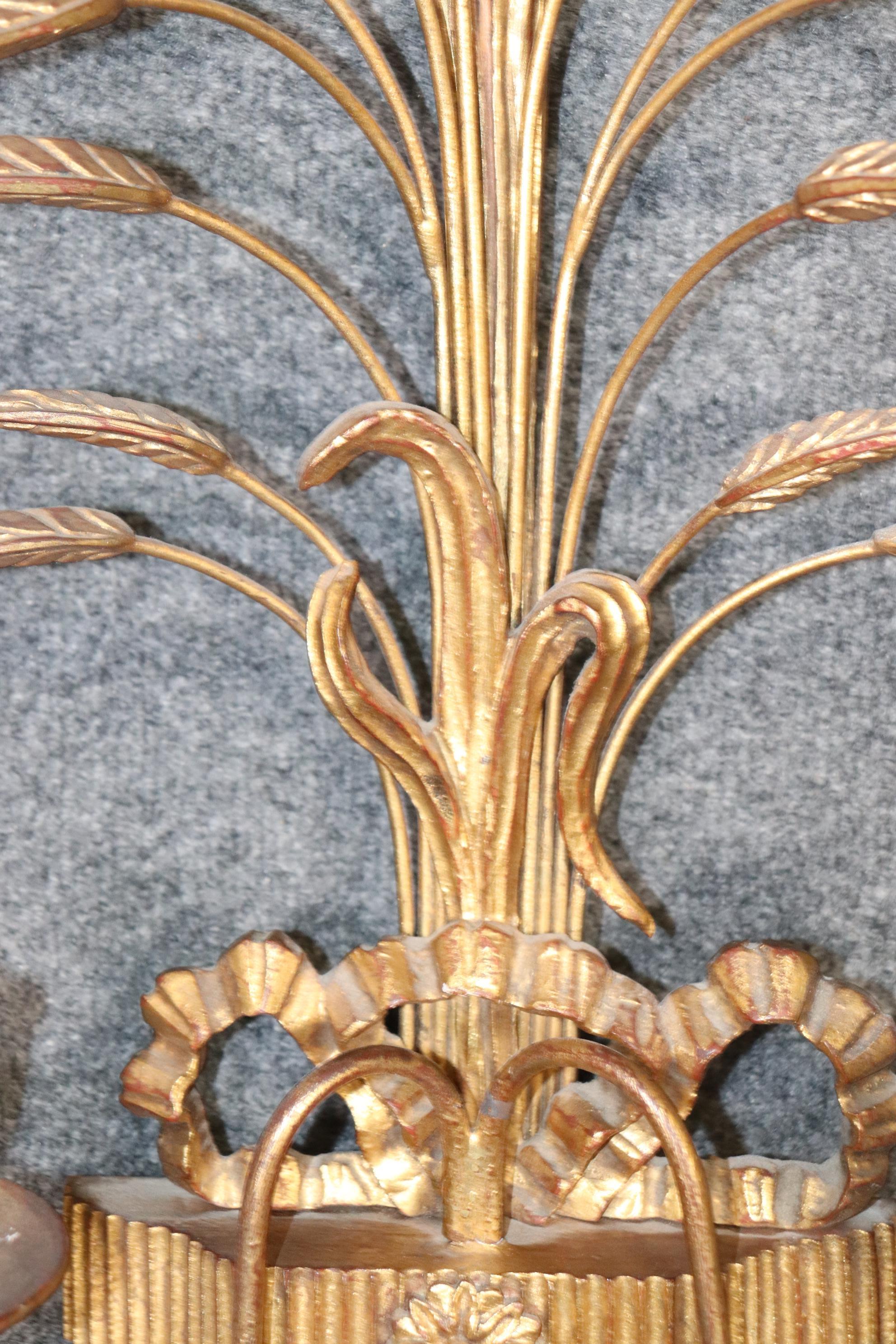 Superb Pair of Italian Sheaf of Wheat and Bow Large Gilt Sconces Circa 1950 4