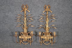 Superb Pair of Italian Sheaf of Wheat and Bow Large Gilt Sconces Circa 1950