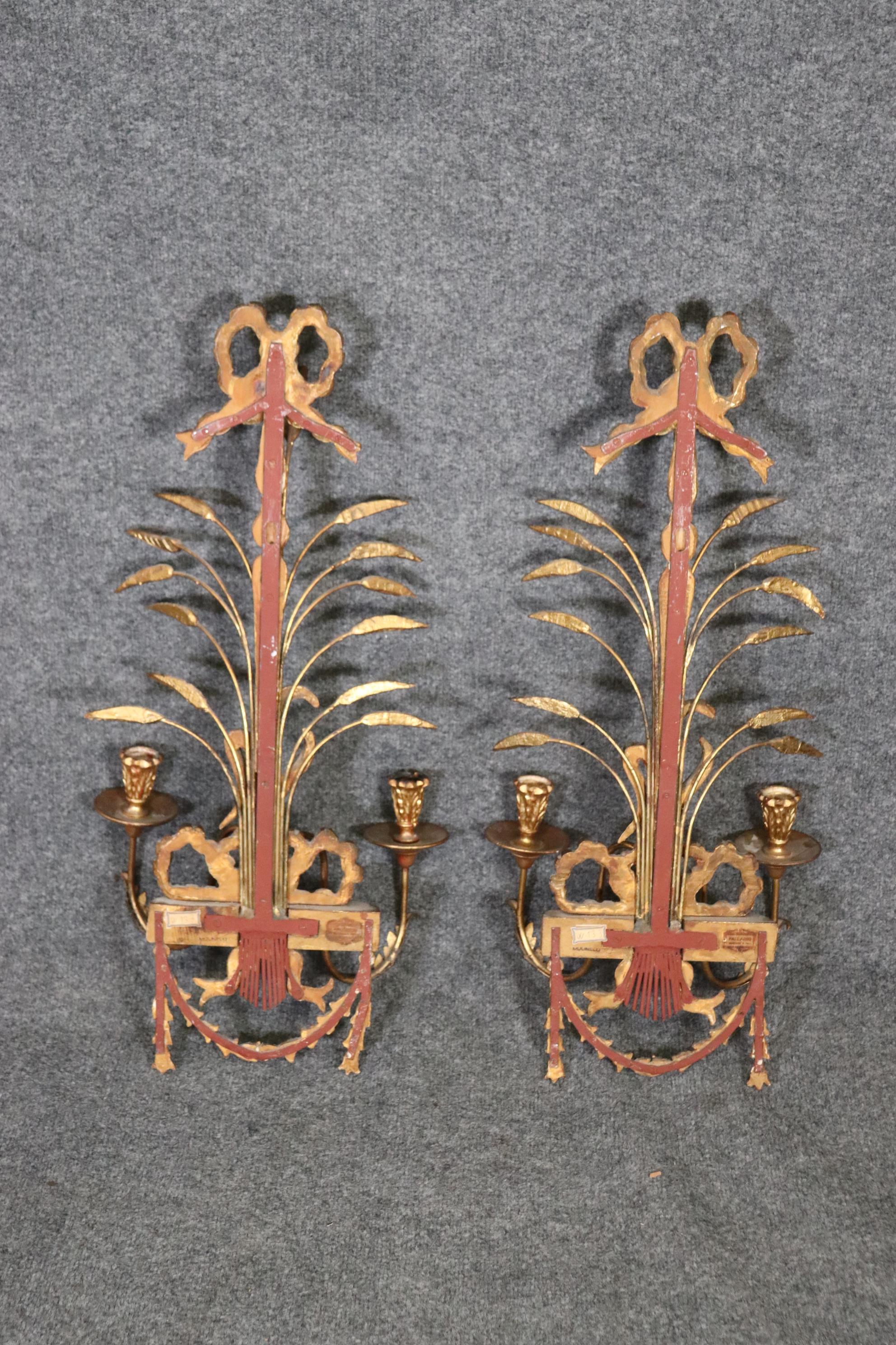 Louis XVI Superb Pair of Italian Sheaf of Wheat and Bow Large Gilt Sconces Circa 1950
