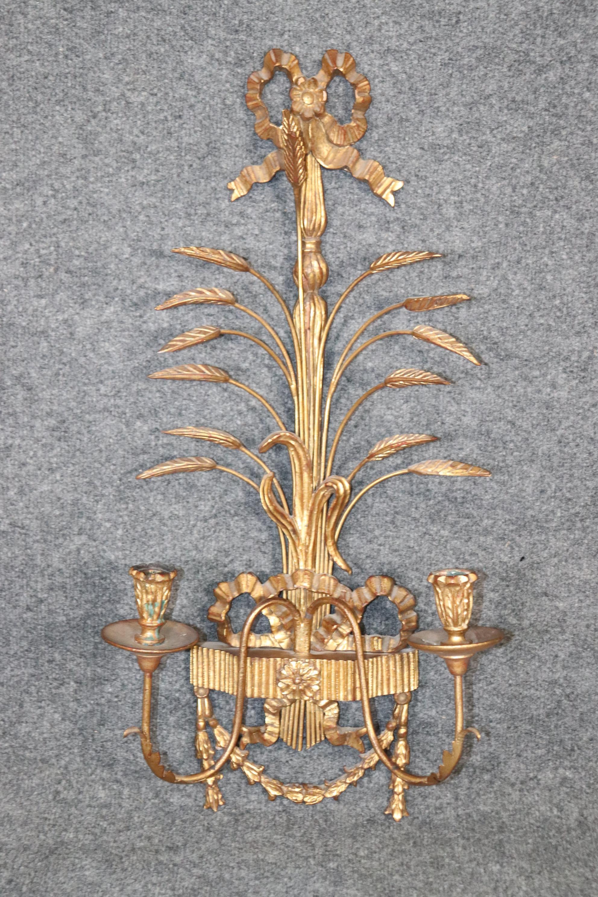Superb Pair of Italian Sheaf of Wheat and Bow Large Gilt Sconces Circa 1950 In Good Condition In Swedesboro, NJ
