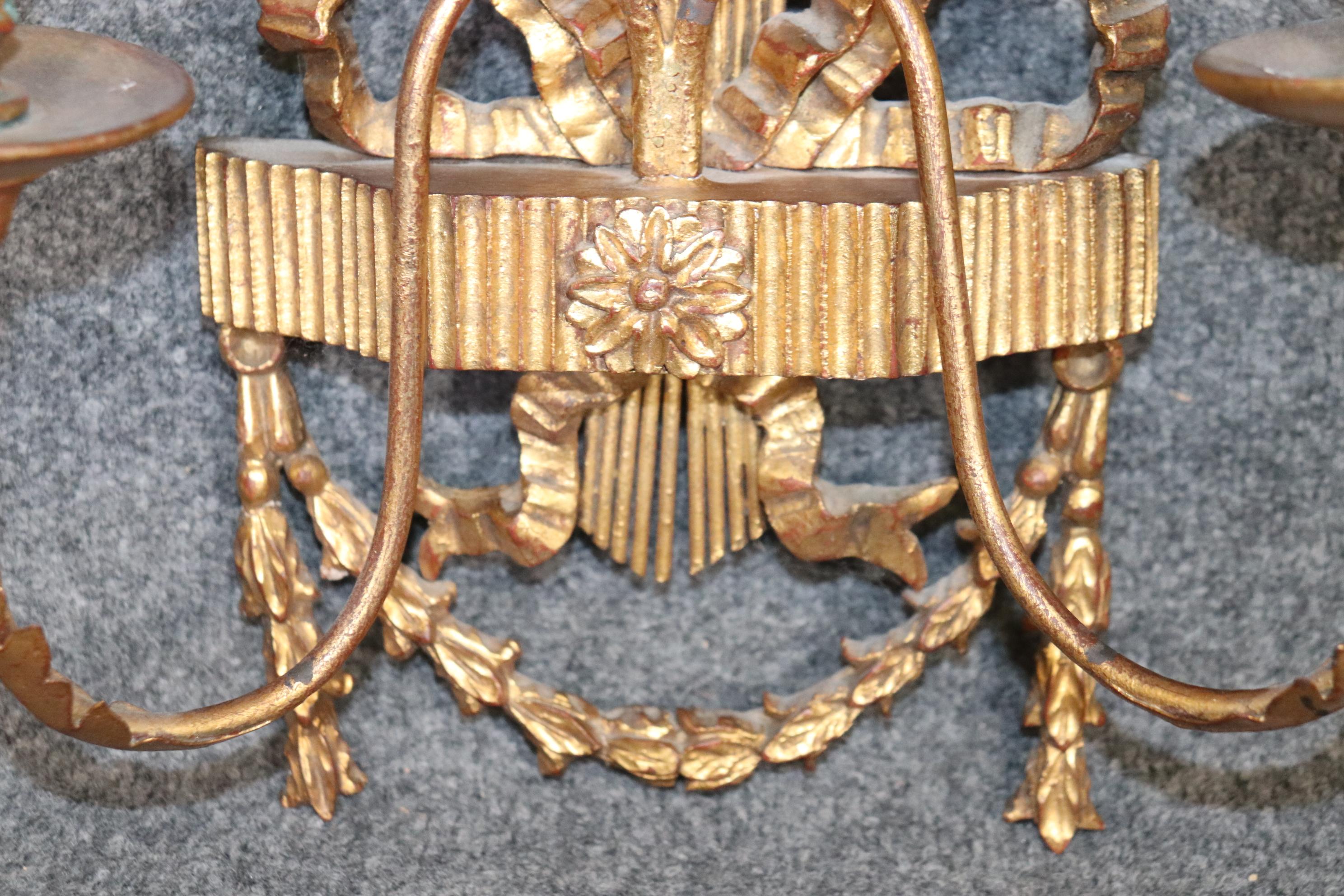 Superb Pair of Italian Sheaf of Wheat and Bow Large Gilt Sconces Circa 1950 3