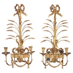 Superb Pair of Italian Sheaf of Wheat and Bow Large Gilt Sconces Circa 1950