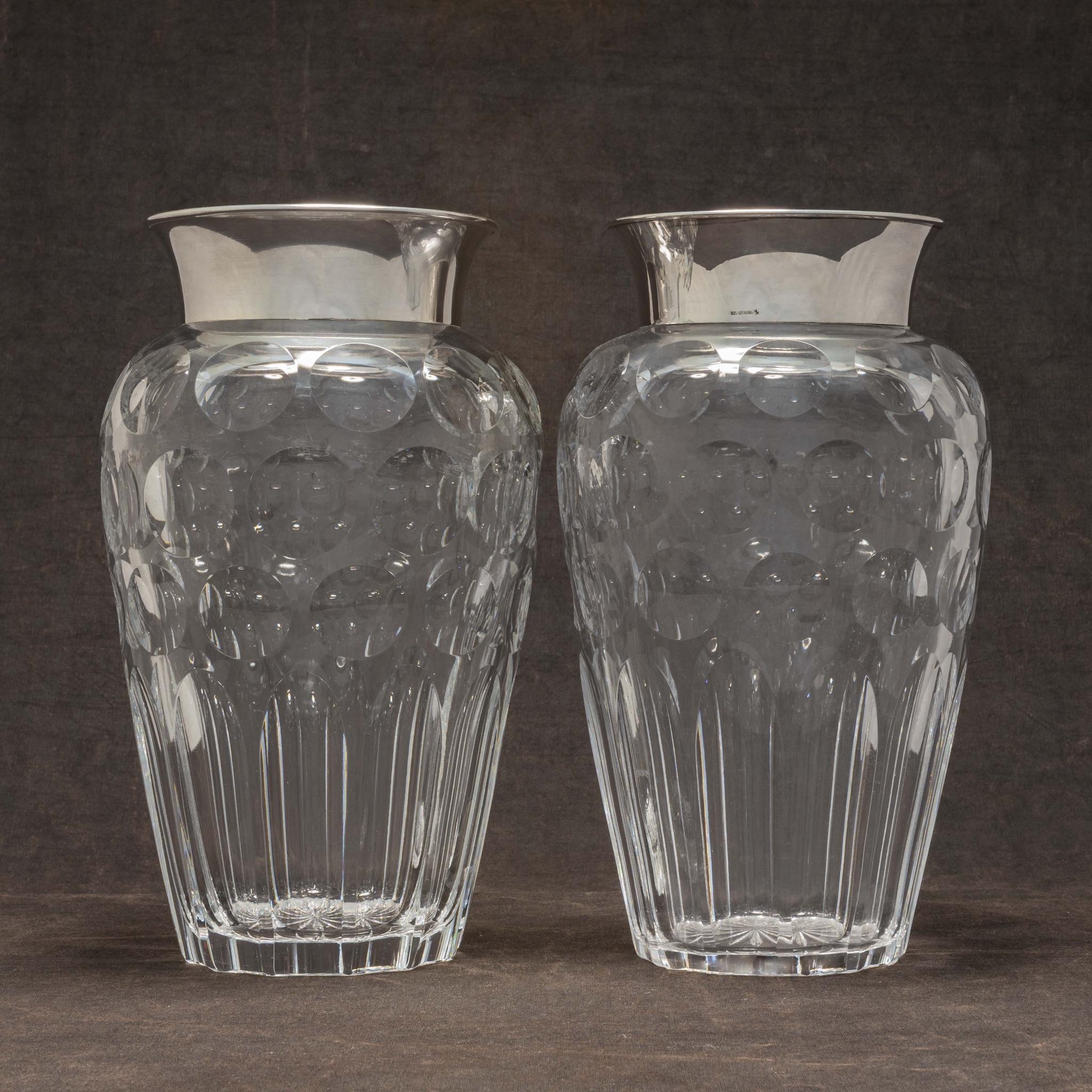 Mid-Century Modern Superb Pair of Large Cut Glass Vases with Silver Collars, circa 1960s