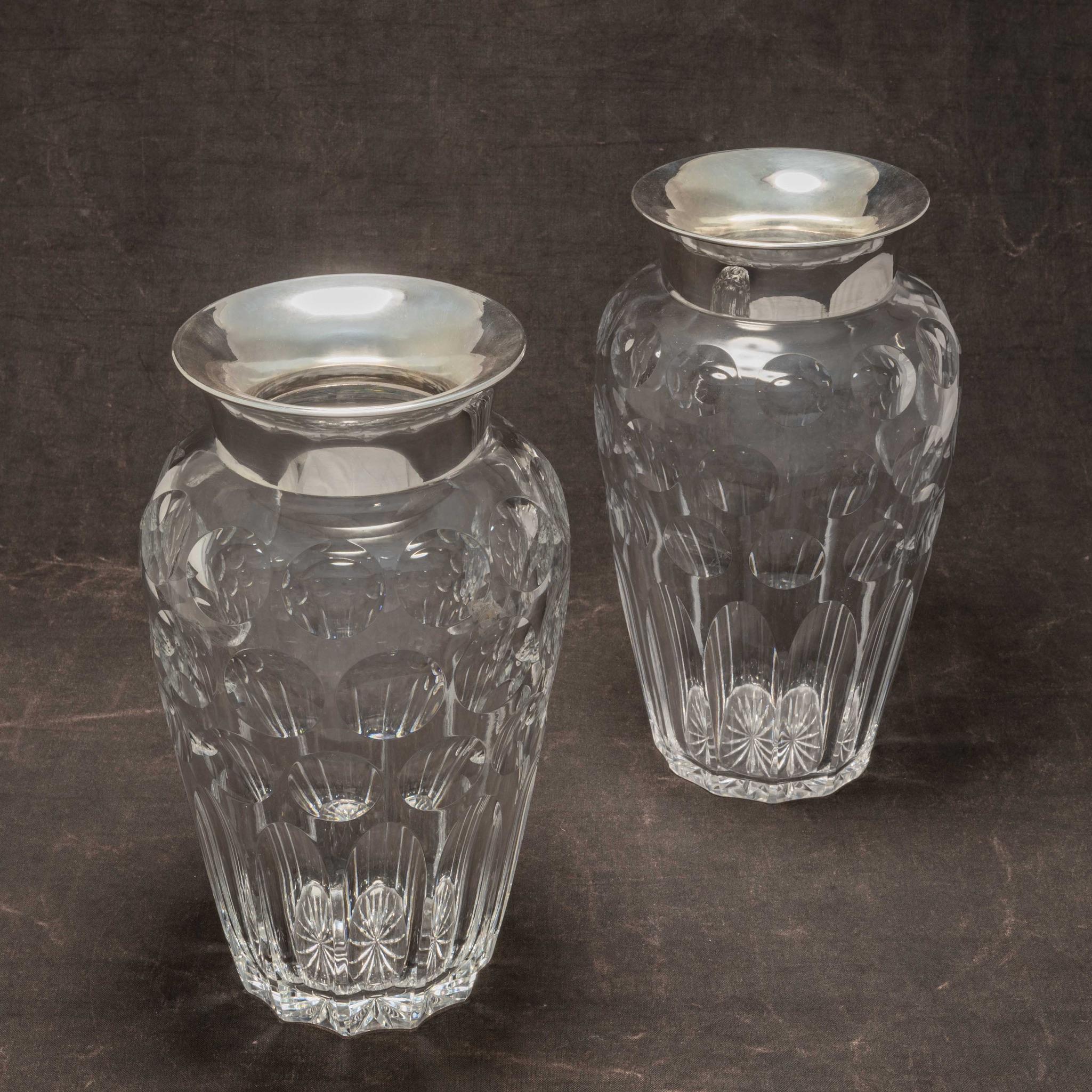 European Superb Pair of Large Cut Glass Vases with Silver Collars, circa 1960s