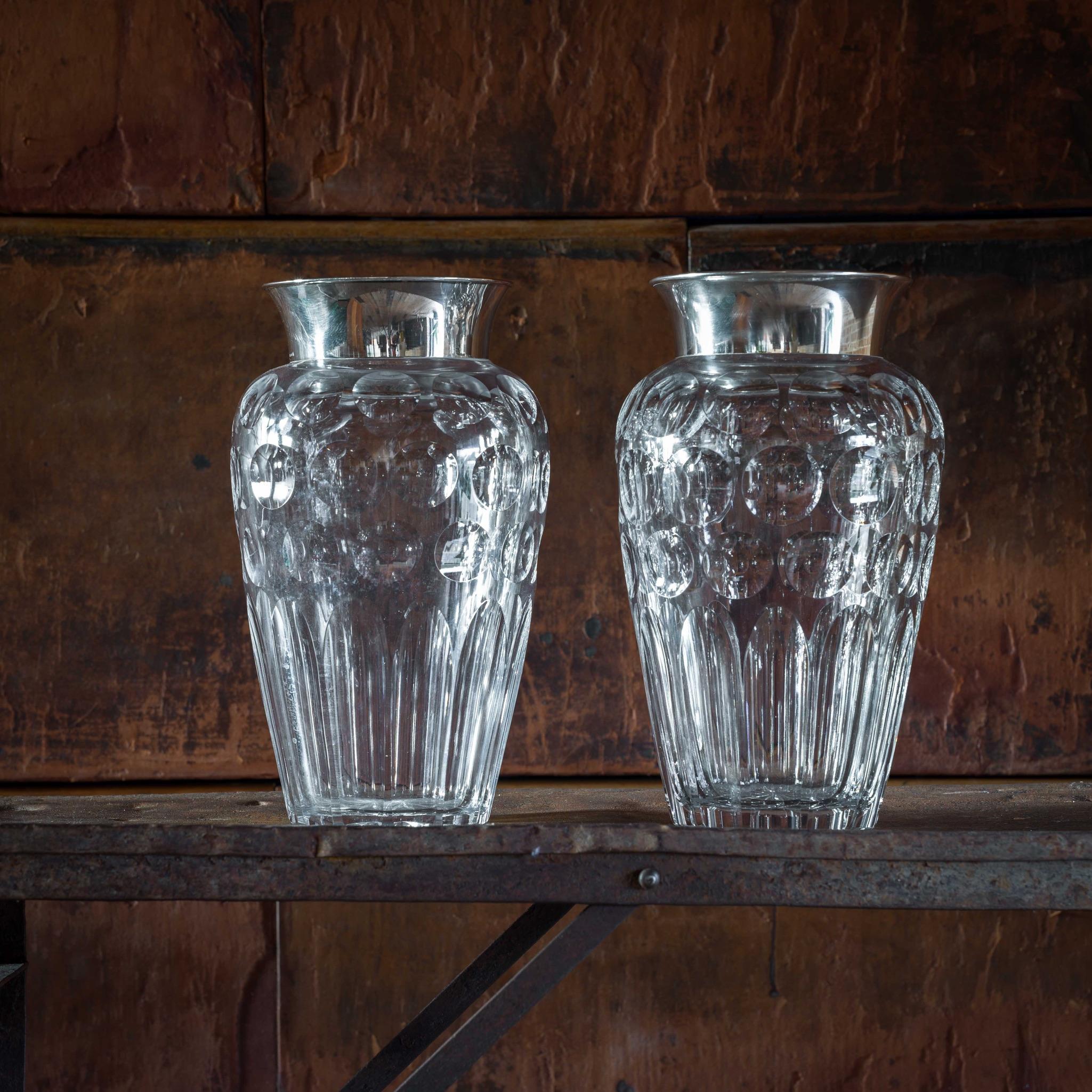 Superb Pair of Large Cut Glass Vases with Silver Collars, circa 1960s 1