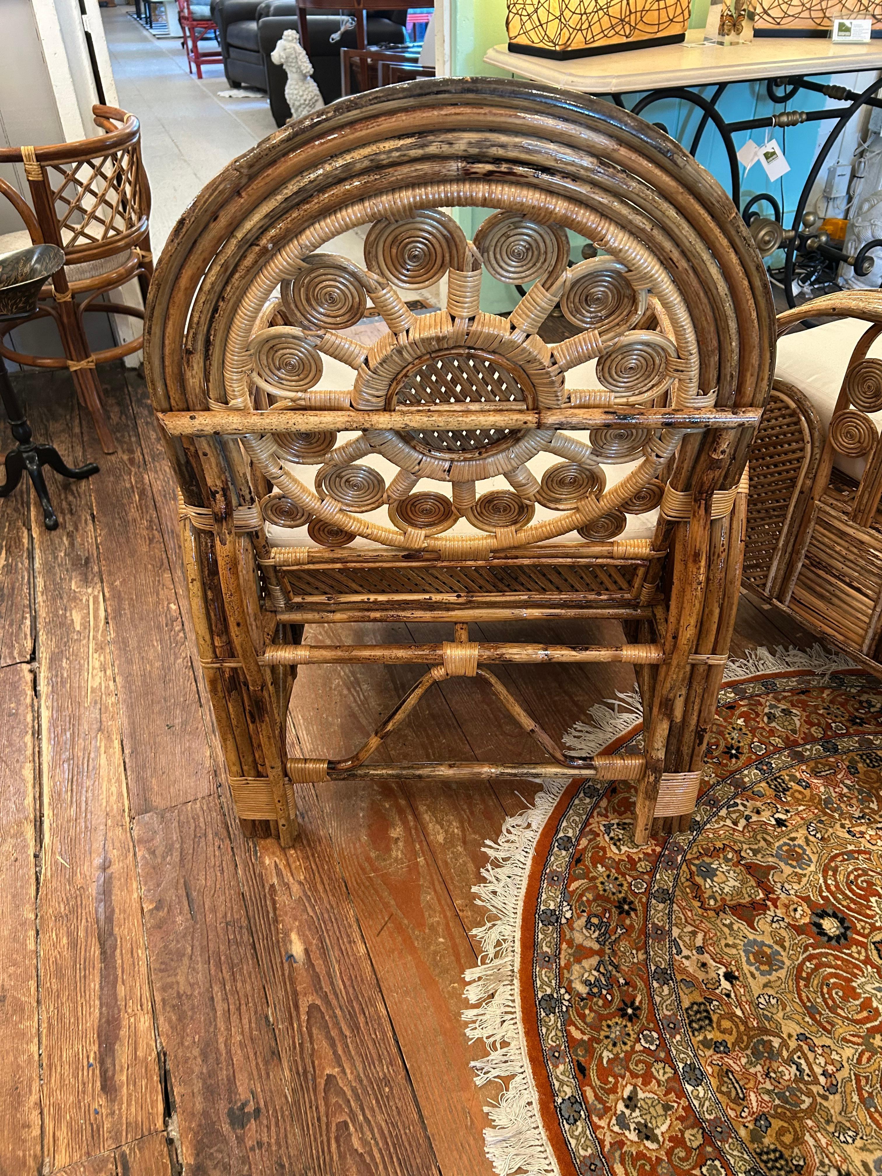 Superb Pair of Large Ornately Decorative Lacquered Rattan & Bamboo Club Chairs For Sale 6