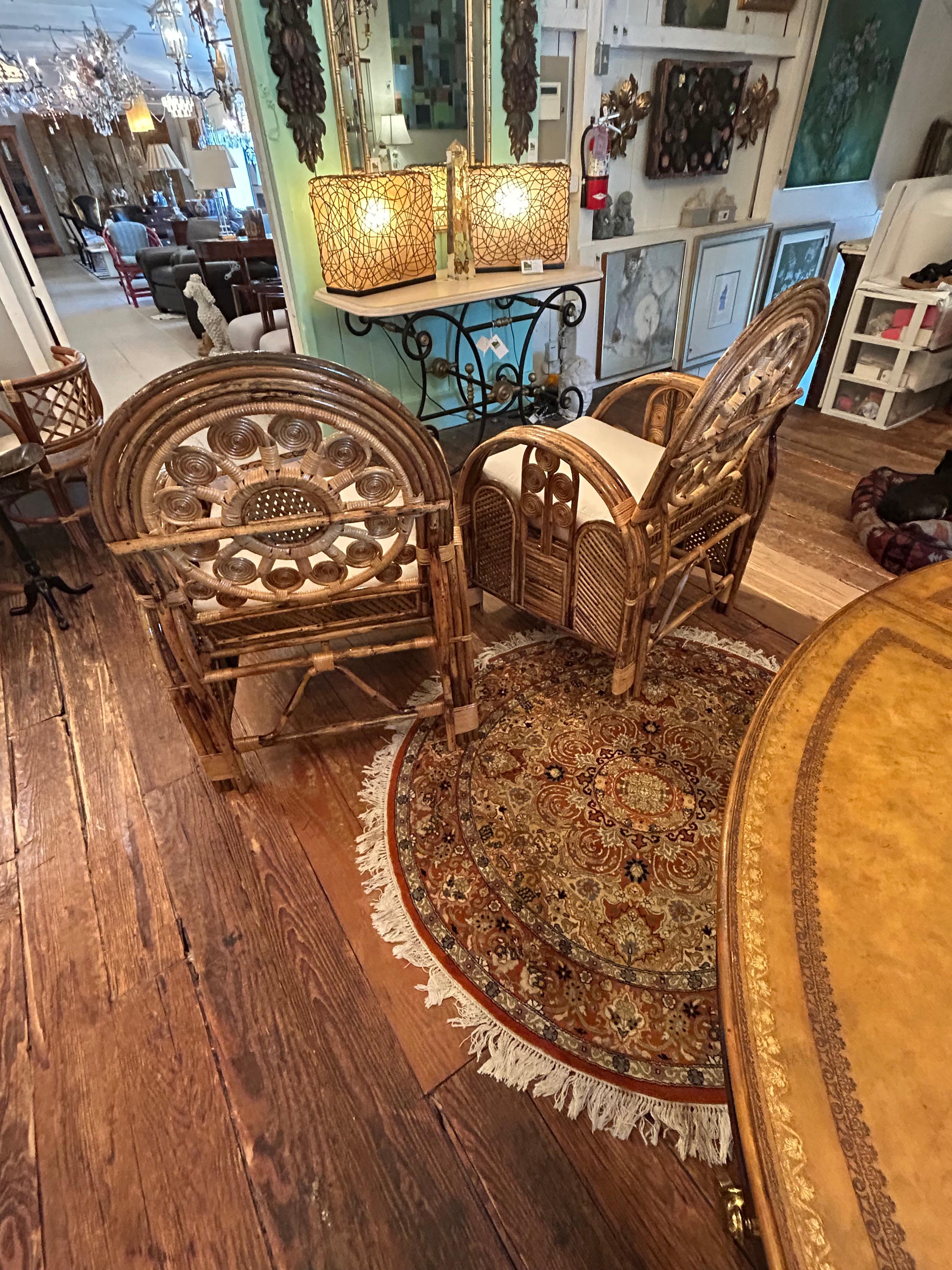 Superb Pair of Large Ornately Decorative Lacquered Rattan & Bamboo Club Chairs For Sale 7