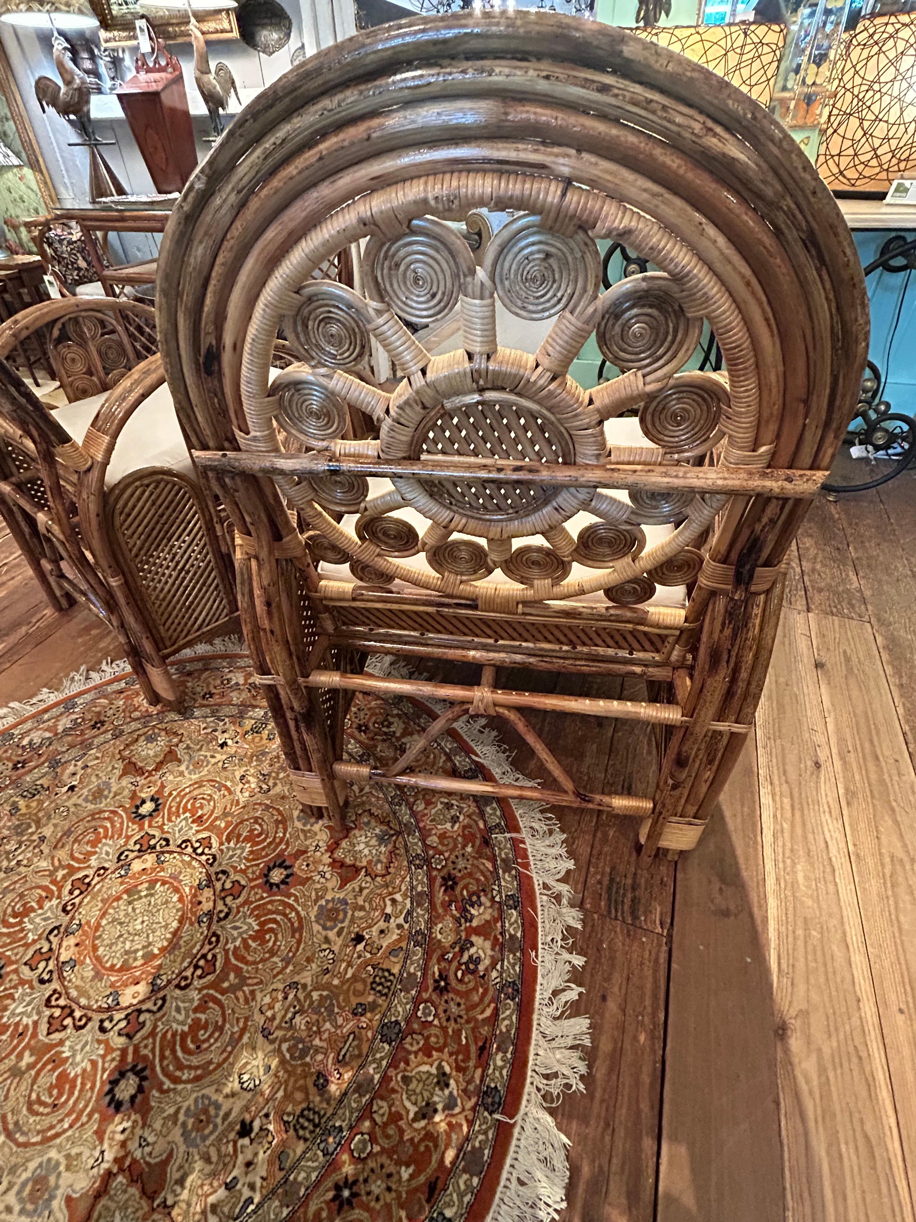 Superb Pair of Large Ornately Decorative Lacquered Rattan & Bamboo Club Chairs For Sale 8