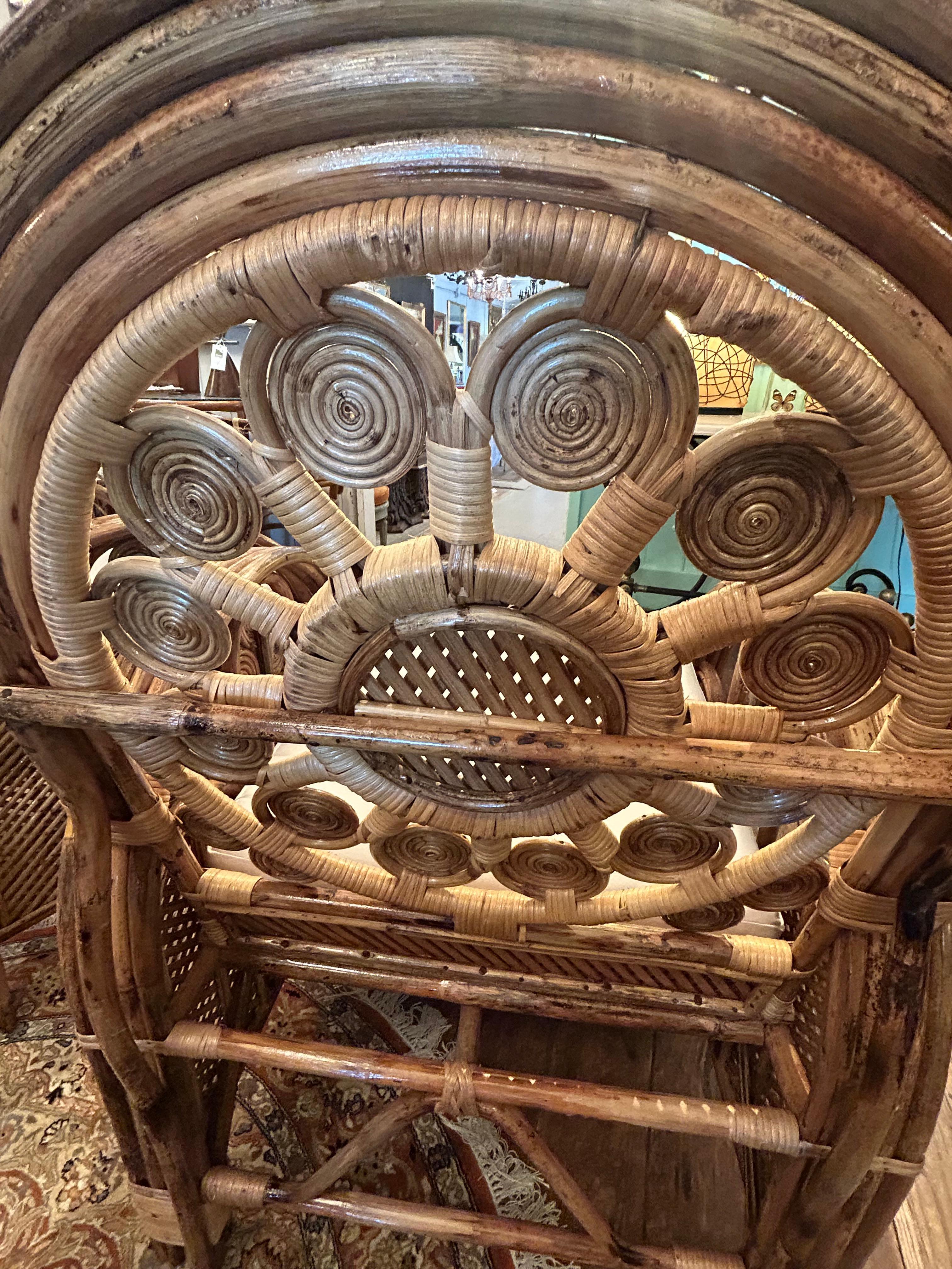 Superb Pair of Large Ornately Decorative Lacquered Rattan & Bamboo Club Chairs For Sale 9