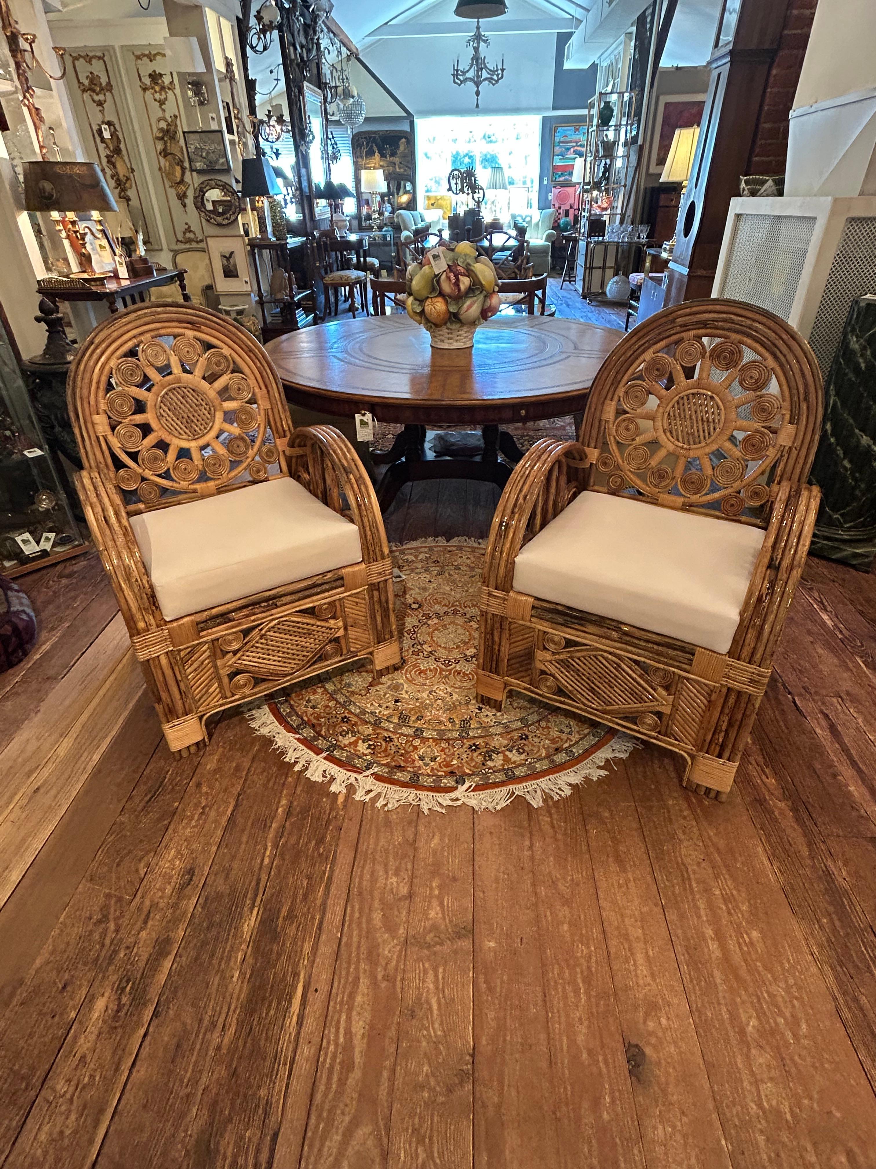 Superb Pair of Large Ornately Decorative Lacquered Rattan & Bamboo Club Chairs For Sale 10