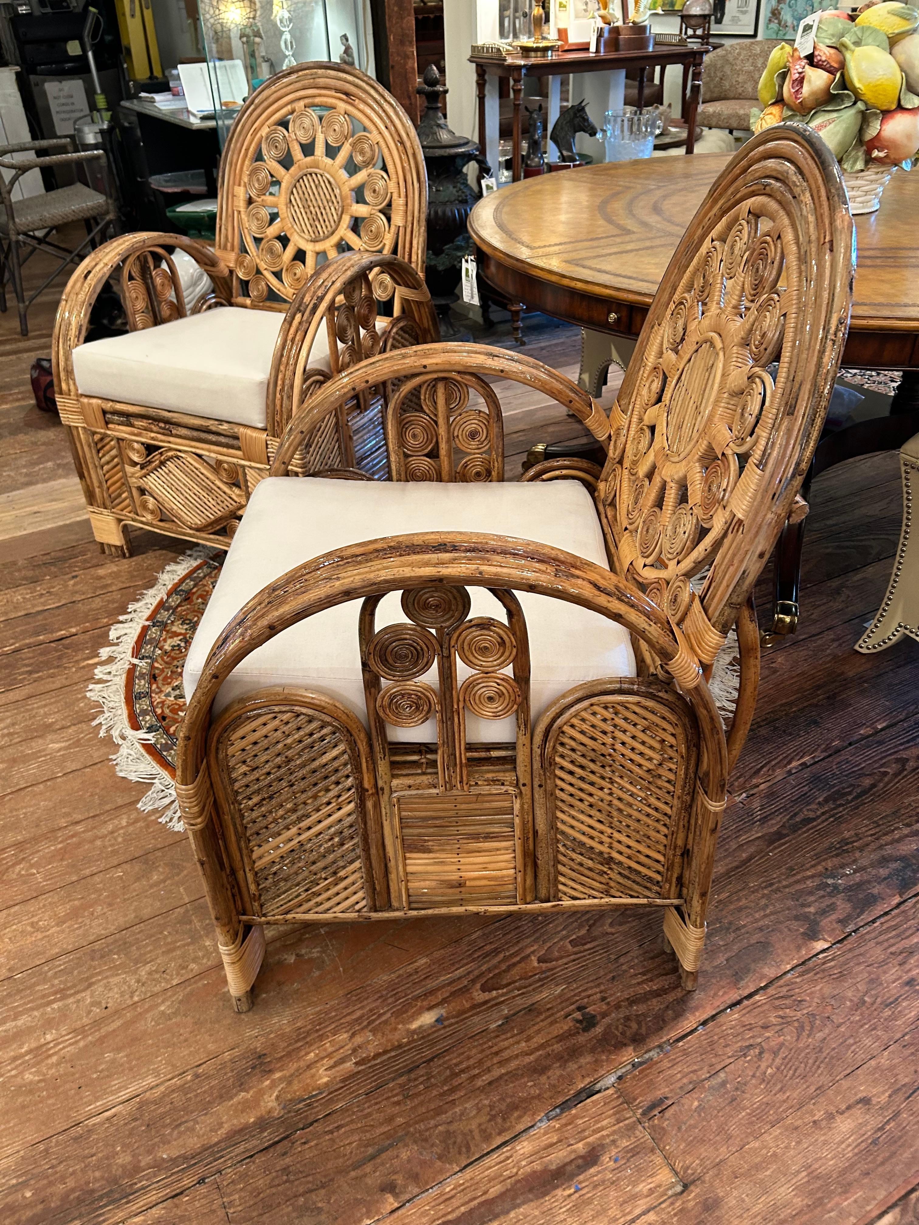 Late 20th Century Superb Pair of Large Ornately Decorative Lacquered Rattan & Bamboo Club Chairs For Sale