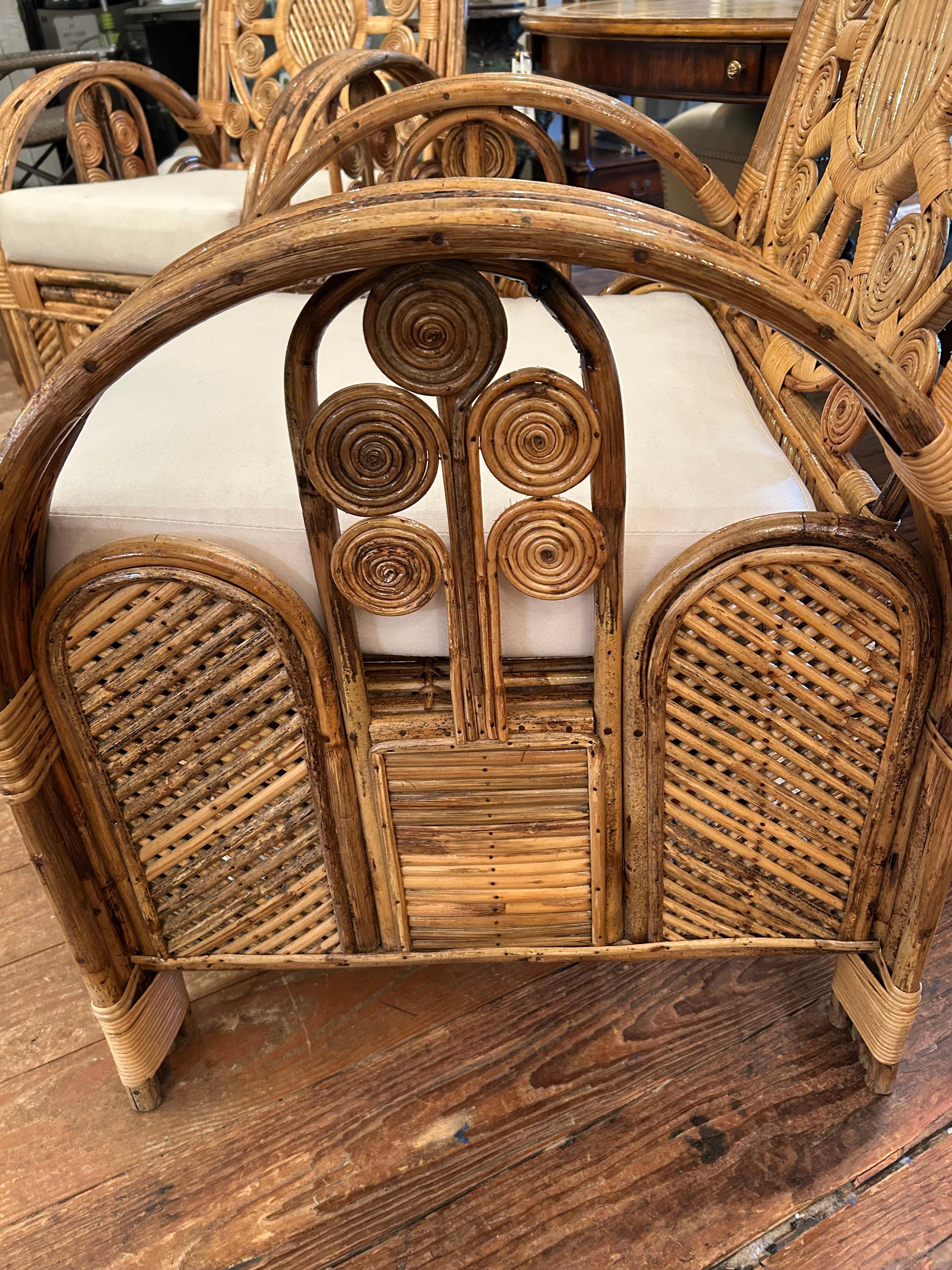 Superb Pair of Large Ornately Decorative Lacquered Rattan & Bamboo Club Chairs For Sale 2