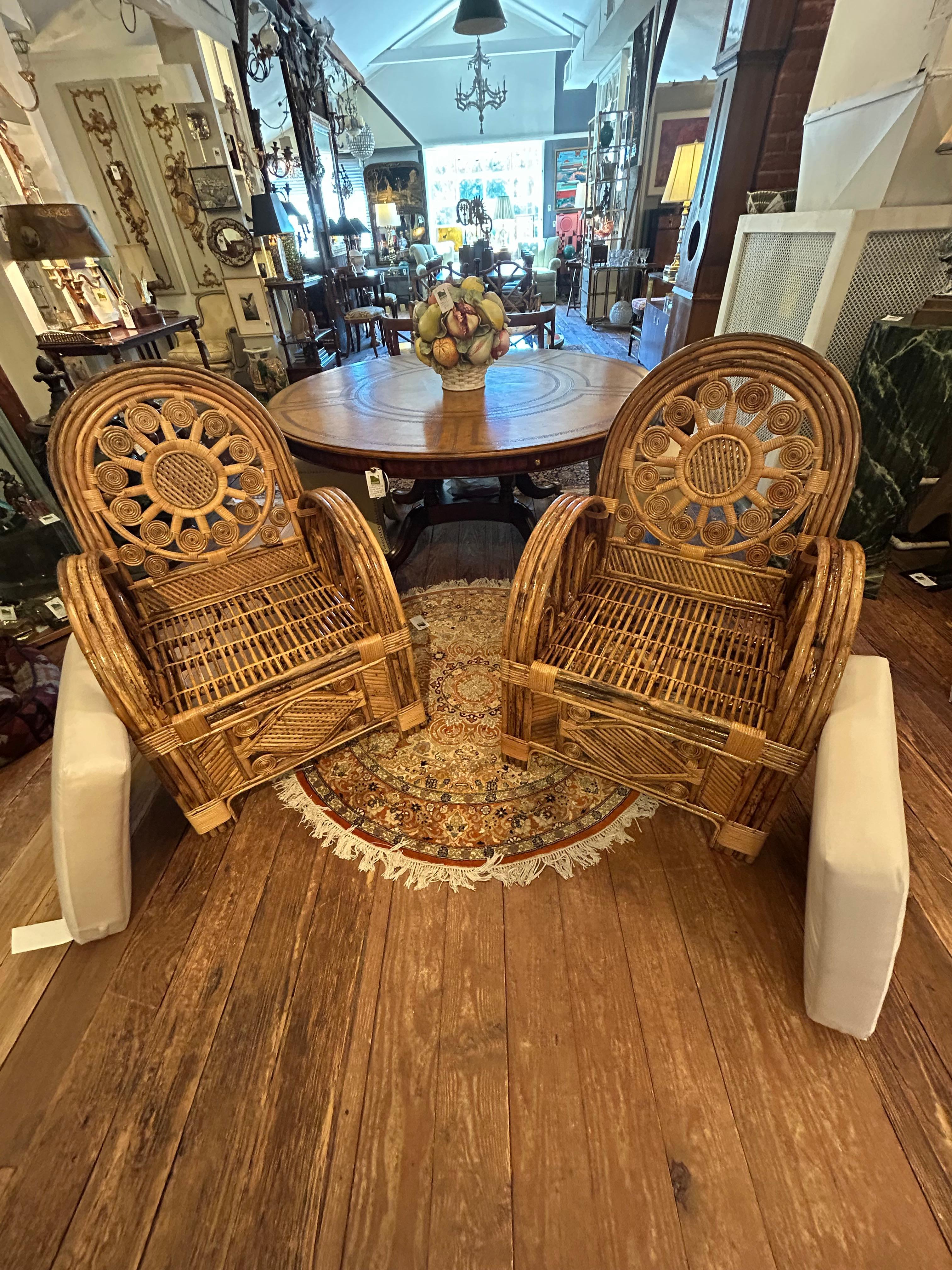 Superb Pair of Large Ornately Decorative Lacquered Rattan & Bamboo Club Chairs For Sale 3