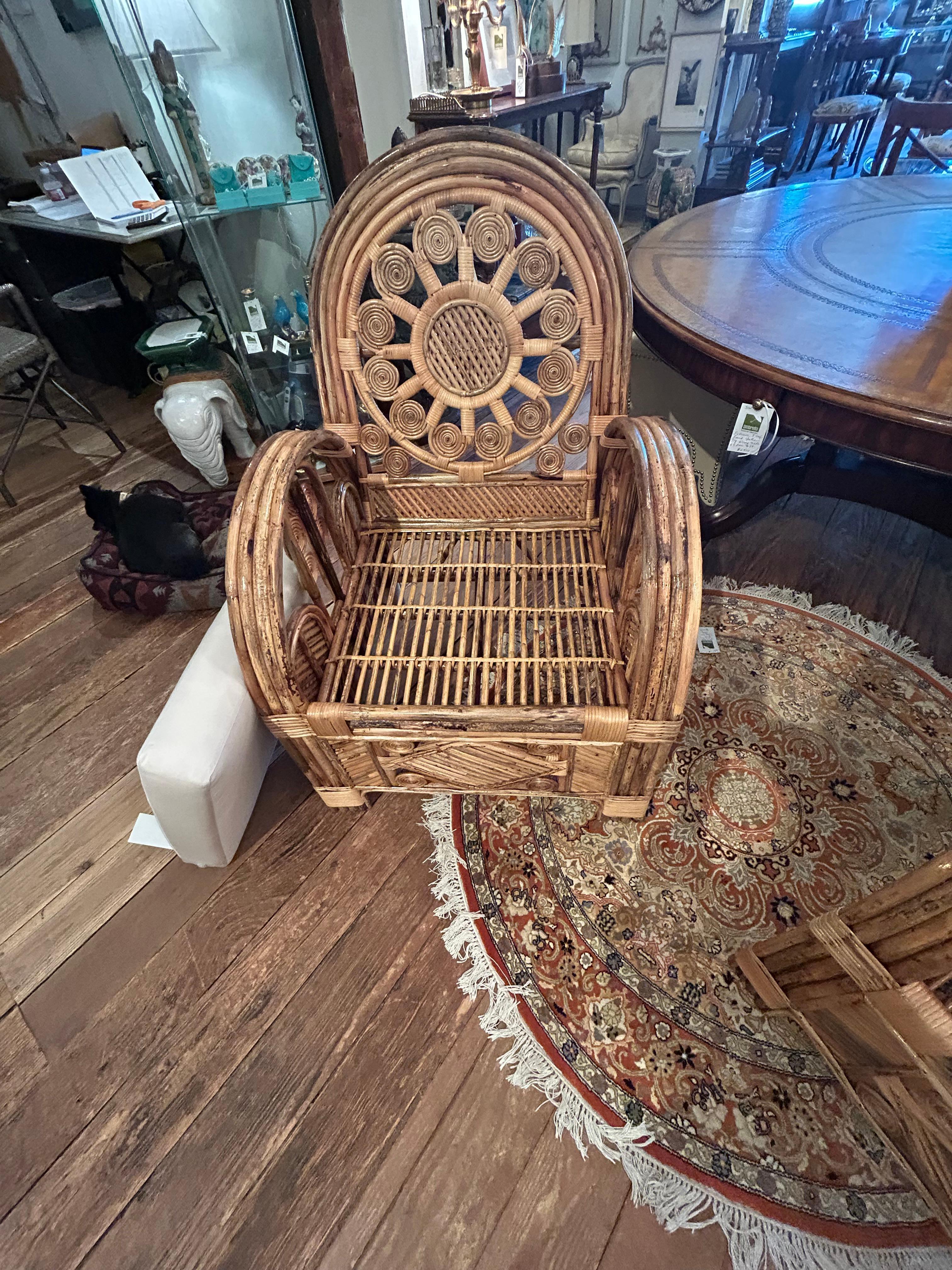 Superb Pair of Large Ornately Decorative Lacquered Rattan & Bamboo Club Chairs For Sale 4