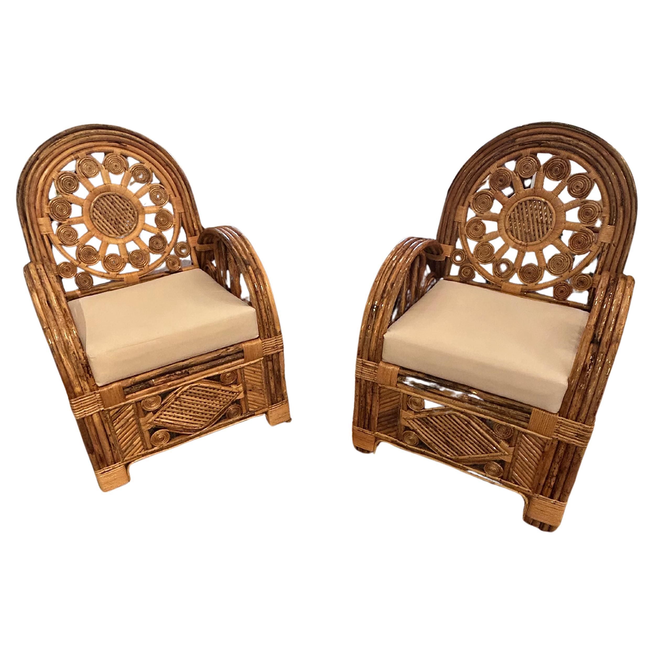 Superb Pair of Large Ornately Decorative Lacquered Rattan & Bamboo Club Chairs For Sale