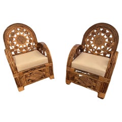 Superb Pair of Large Ornately Decorative Lacquered Rattan & Bamboo Club Chairs