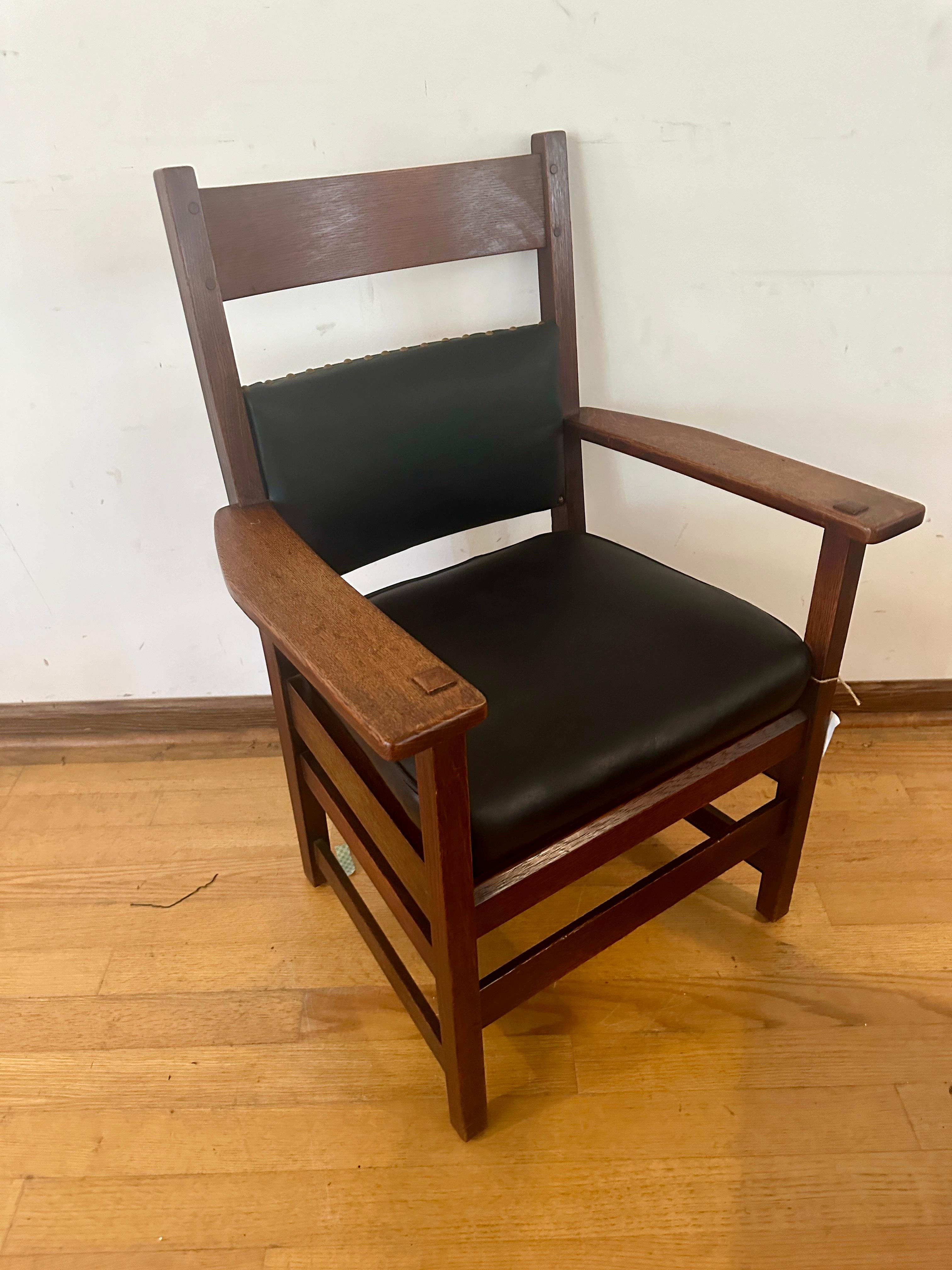 Leather SUPERB Pair of L&JG Stickley Chairs circa 1910 -BRANDED Signed Model 848  w4815