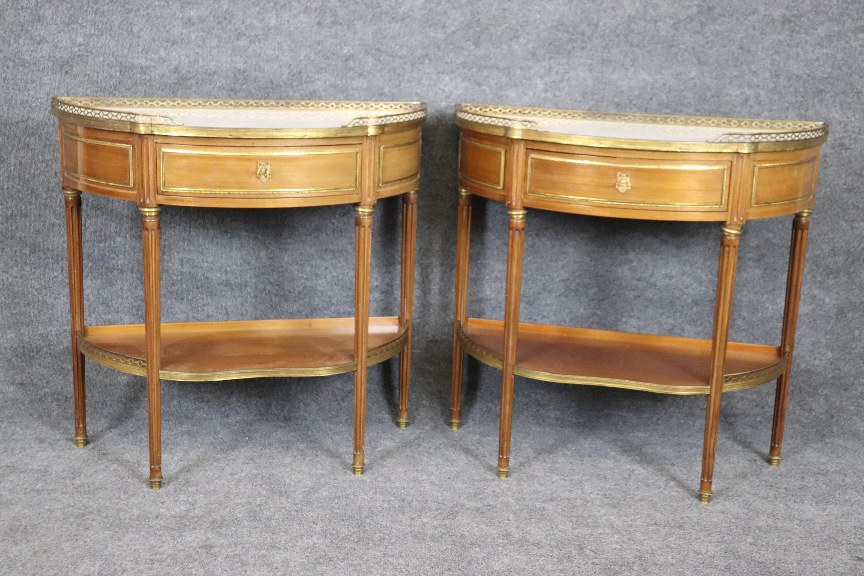  Superb Pair of Marble Top Bronze Mounted French Demilune Console Tables  For Sale 1