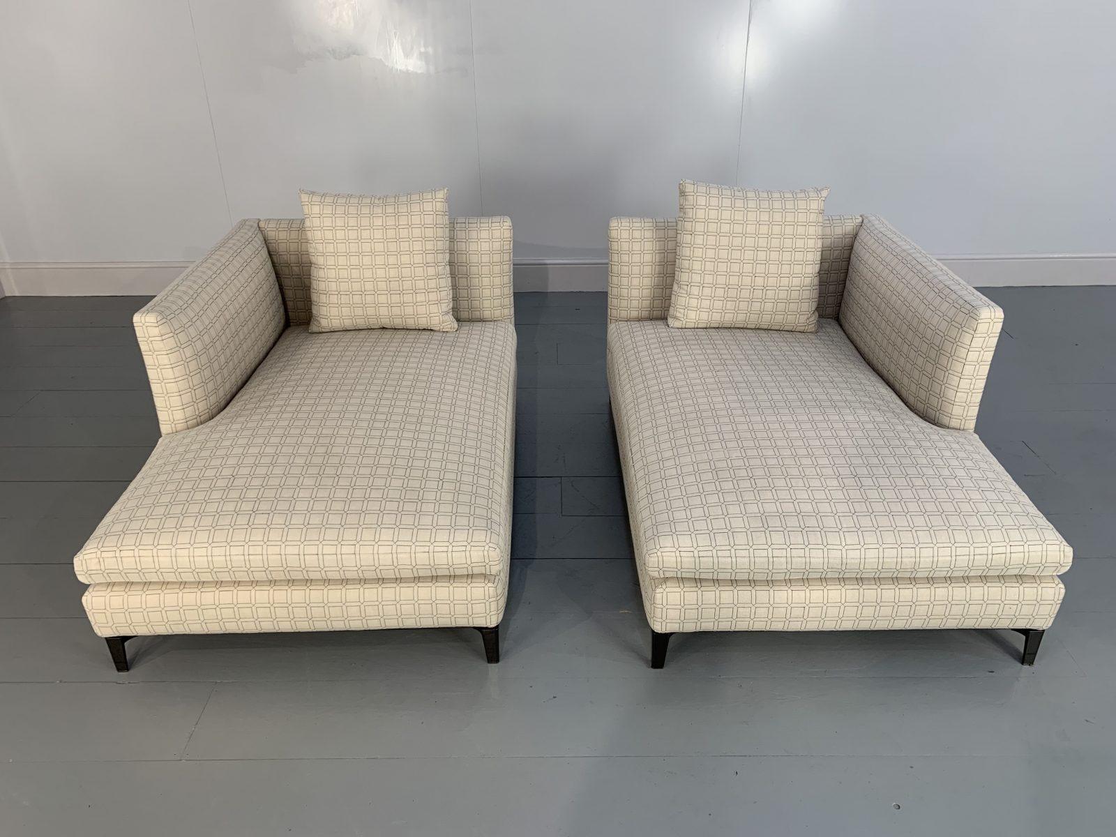 This is a superb, identical pair of Minotti “Andersen” Chaise Sofas (which, as you will see, can be configured to create a sofa/daybed) dressed in a peerless, top-grade natural, neutral-linen fabric with a geometric, woven-pattern in black, and with