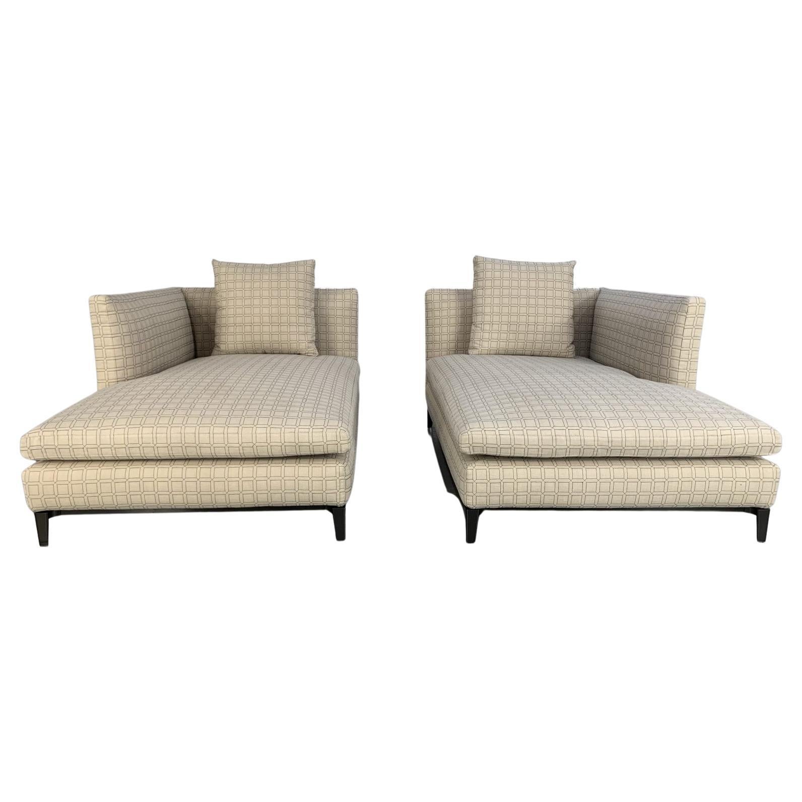 Superb Pair of Minotti “Andersen” Chaise Sofas Daybed in Geometric Linen Fabric For Sale