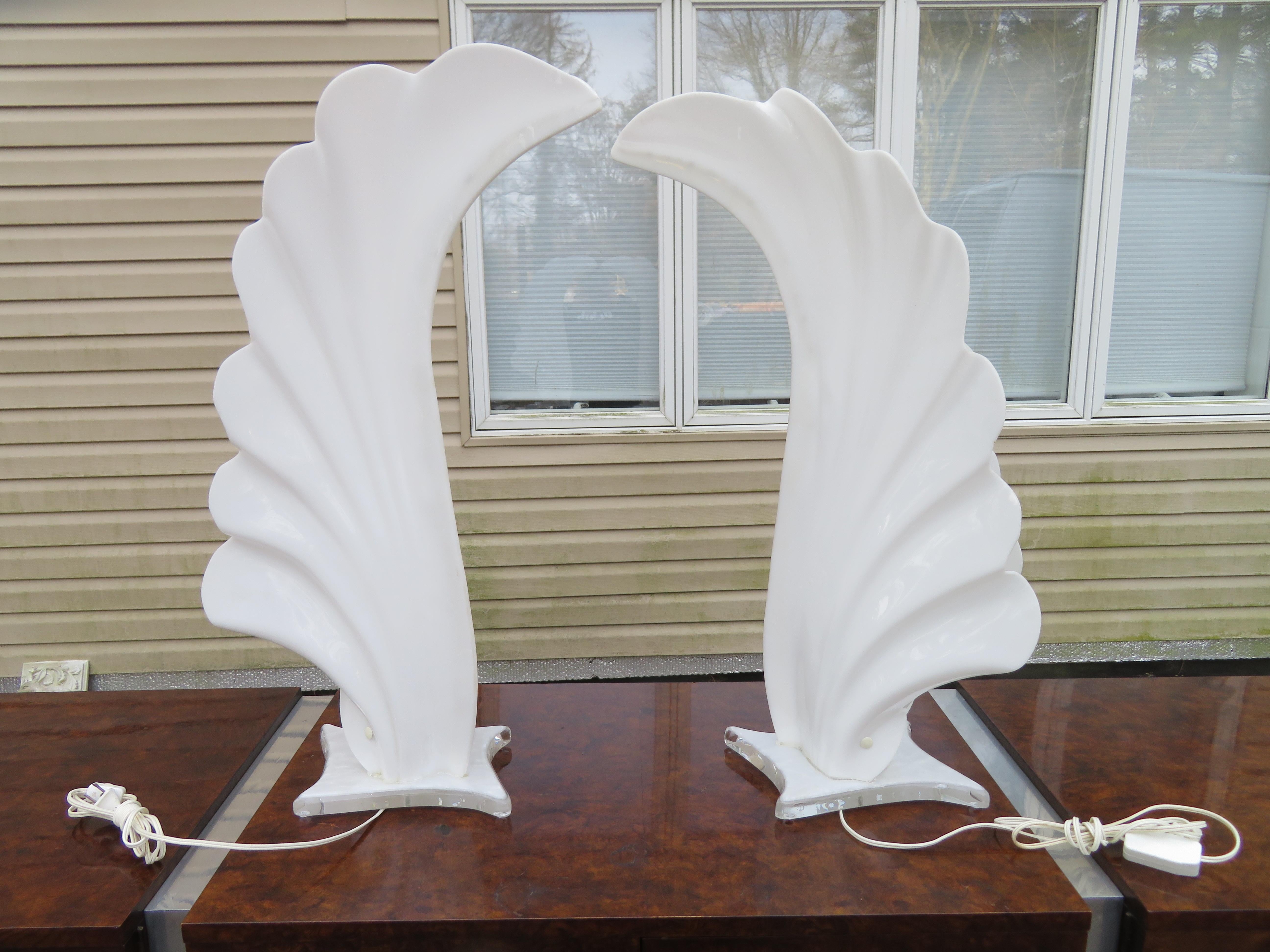 Superb Pair of Monumental White Acrylic Flower Table Lamp by Rougier In Good Condition For Sale In Pemberton, NJ