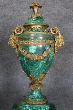 Superb Pair of Mounted French Pedestals with Bronze Mounted Malachite Urns