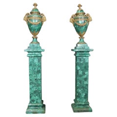 Superb Pair of Mounted French Pedestals with Bronze Mounted Malachite Urns