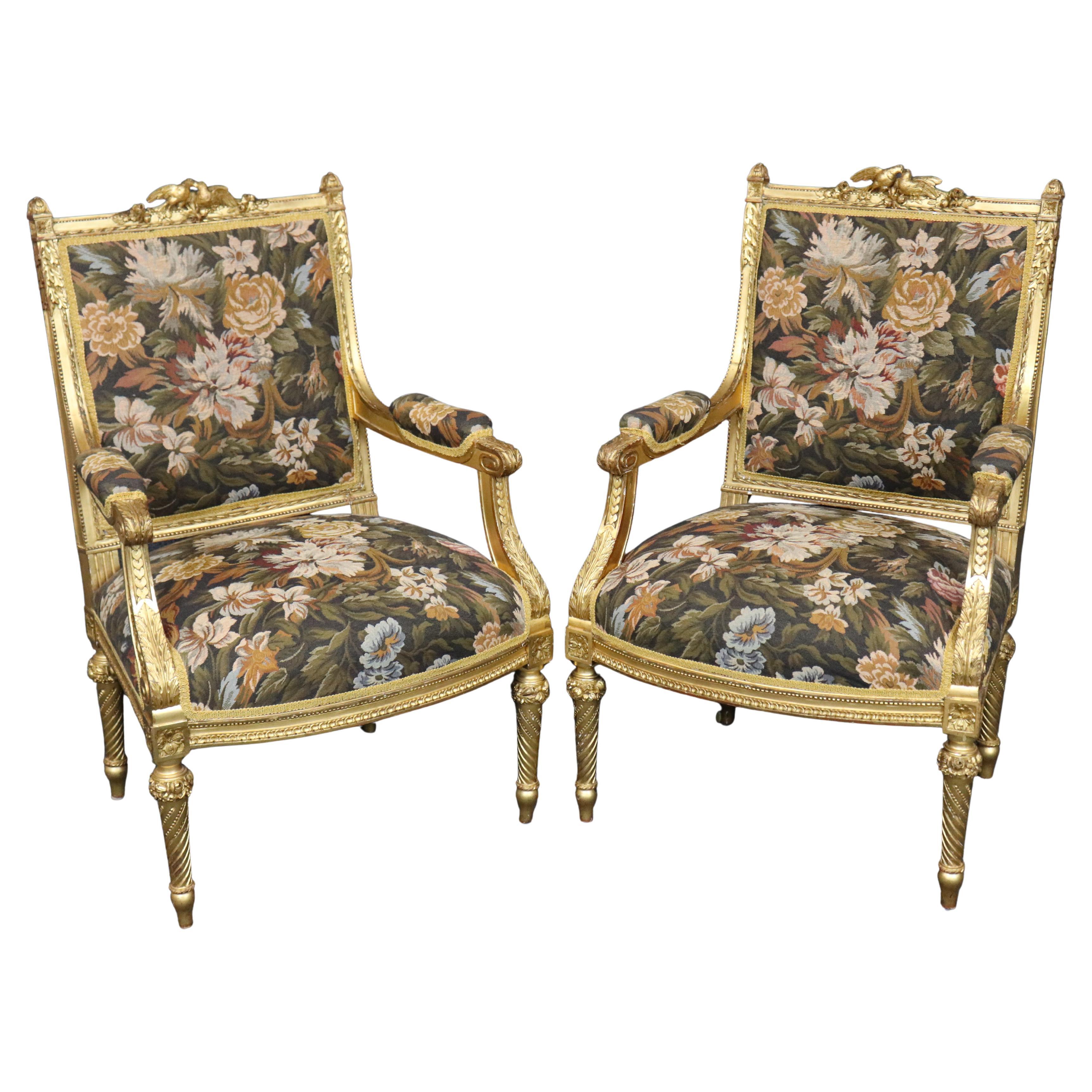 Superb Pair of Naturalistic Carved Gilded with birds Louis XVI French Armchairs For Sale