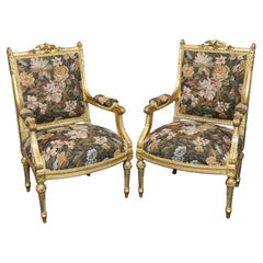 Antique Superb Pair of Naturalistic Carved Gilded with birds Louis XVI French Armchairs