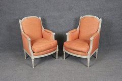 Superb Pair of Paint Decorated Louis XVI Style Bergere Chairs Goose Down Cushion